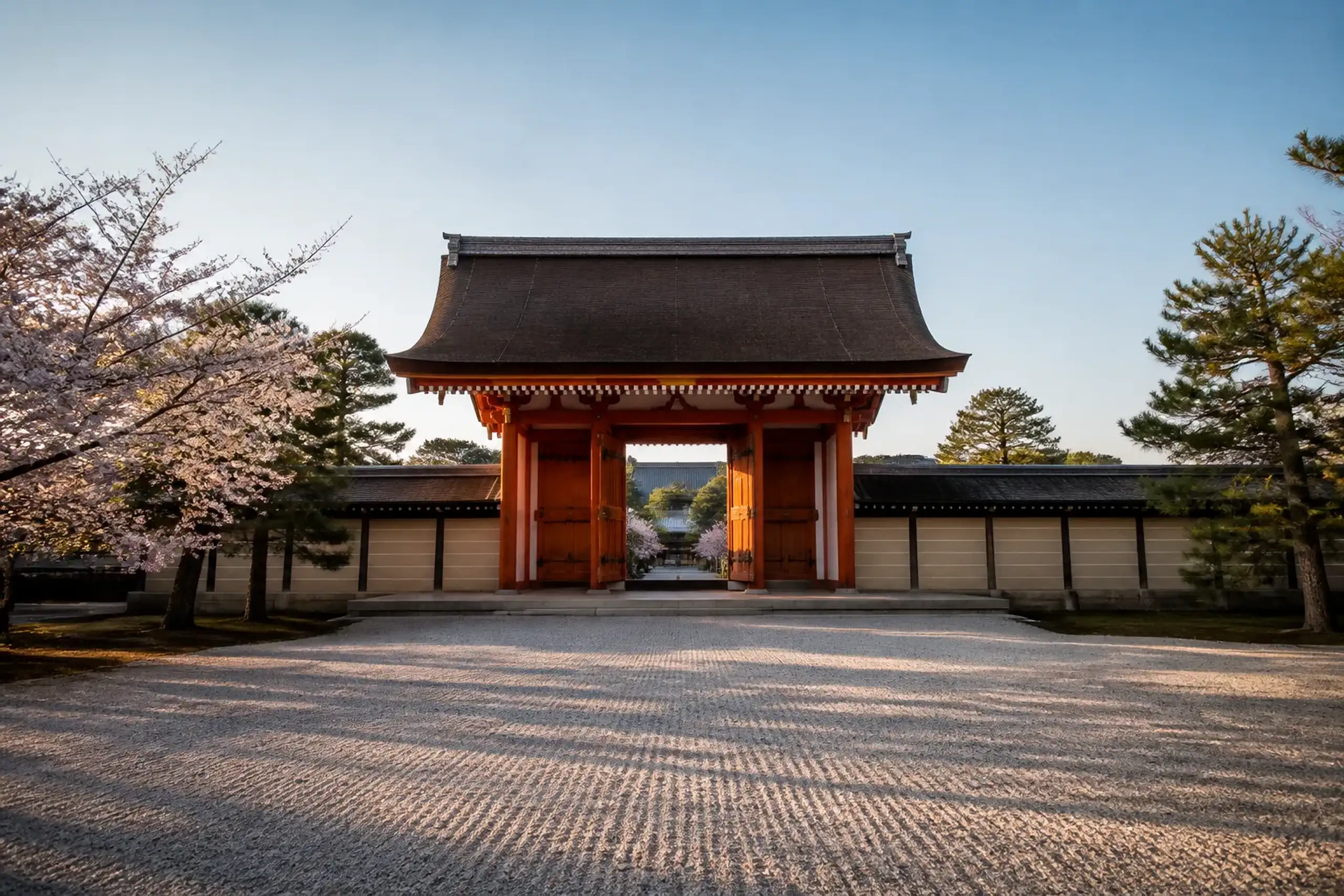 Kyoto Imperial Palace gate in Kyoto Gyoen with gravel path and traditional wooden architecture