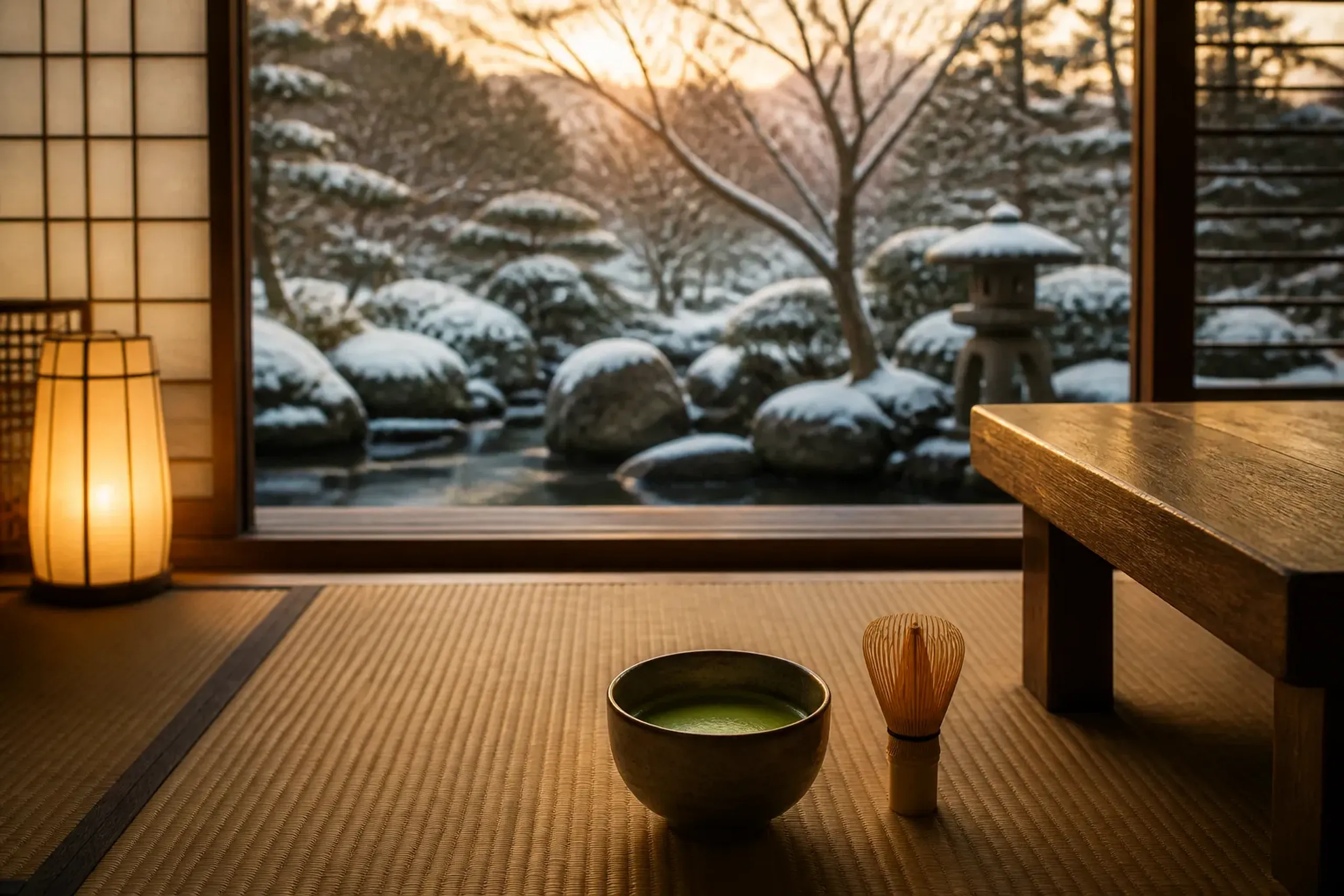 A single matcha tea bowl and bamboo whisk set on a tatami mat in a quiet, lantern-lit temple tearoom, with a shoji screen and low wooden table