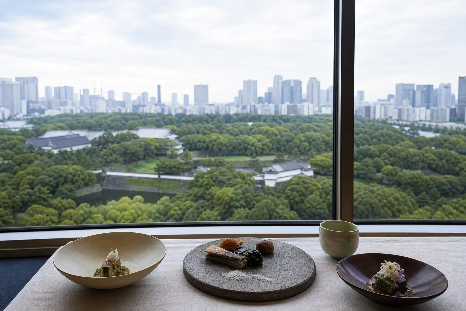 Table set with three plated dishes and a cup of tea in a-windowed restaurant overlooking a green park and city skyline far in the distance, daytime view