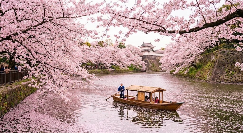 Pink cherry blossoms hanging over the water at the Chidorigafuchi moat near the Tokyo Imperial Palace during springtime.