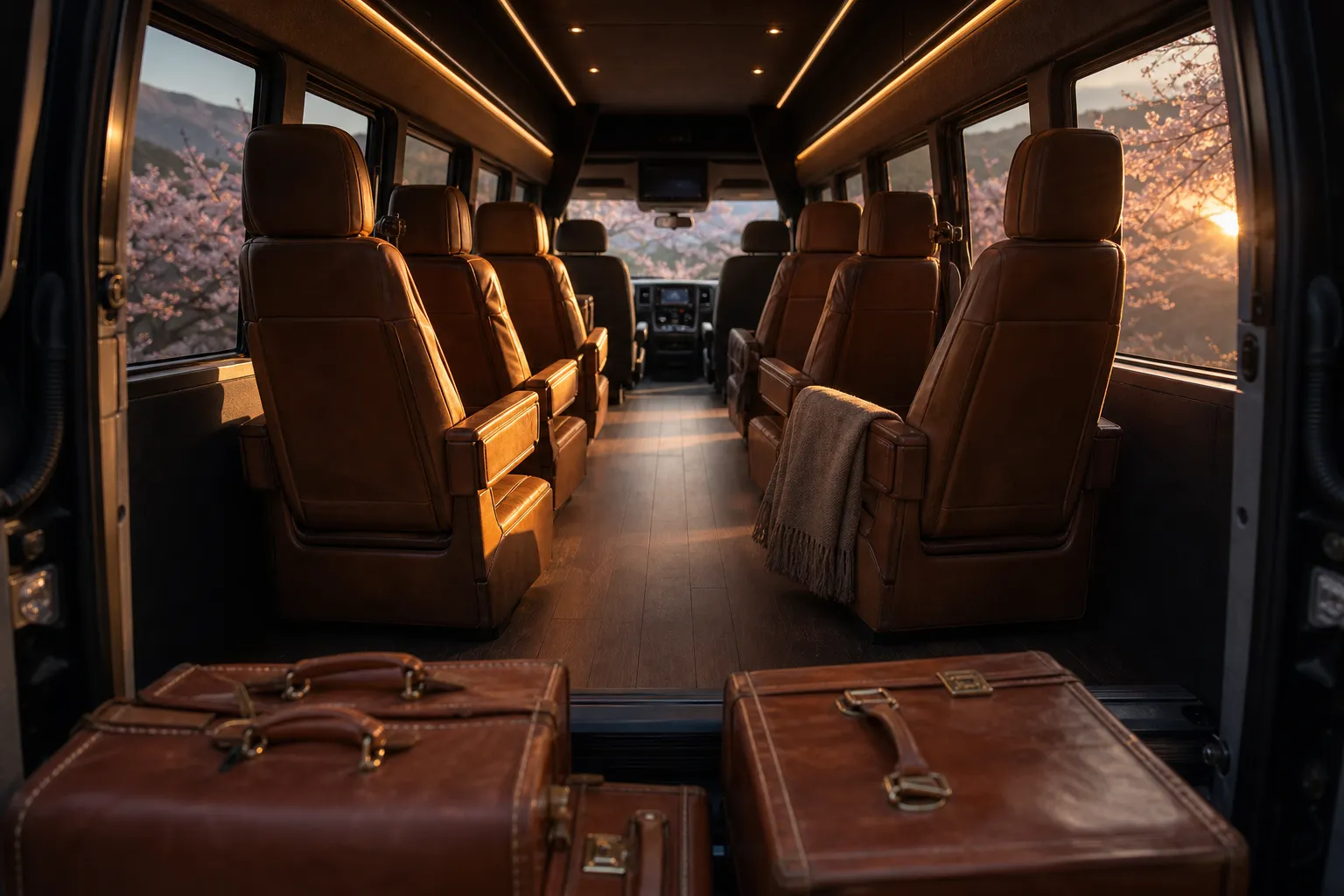 Mercedes-Benz Sprinter, spacious luxury interior, high ceiling, easy entry, VIP seating for 6-7 passengers, custom configuration up to 16 seats, plush leather captain chairs, generous aisle space, multiple large suitcases, ample luggage area, serene atmosphere, premium finishes, elegant lighting