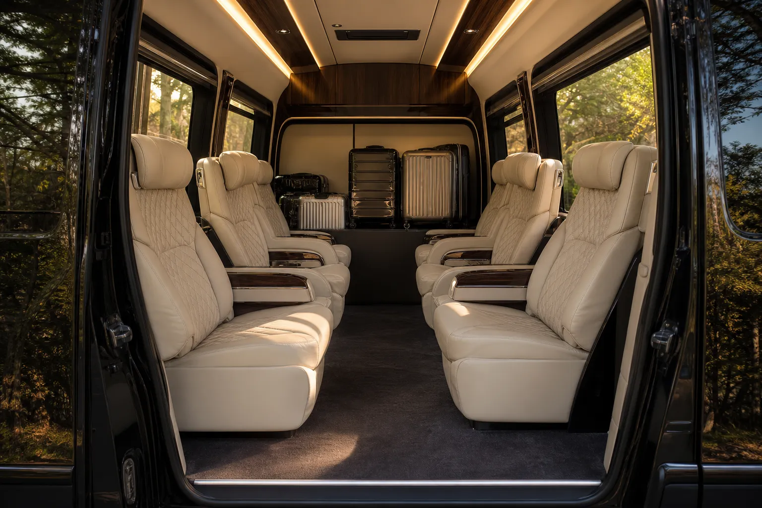 Mercedes-Benz Sprinter, spacious luxury interior, high ceiling, easy entry, VIP seating for 6-7 passengers, custom configuration up to 16 seats, plush leather captain chairs, generous aisle space, multiple large suitcases, ample luggage area, serene atmosphere, premium finishes, elegant lighting,Japan Royal Service,JRS