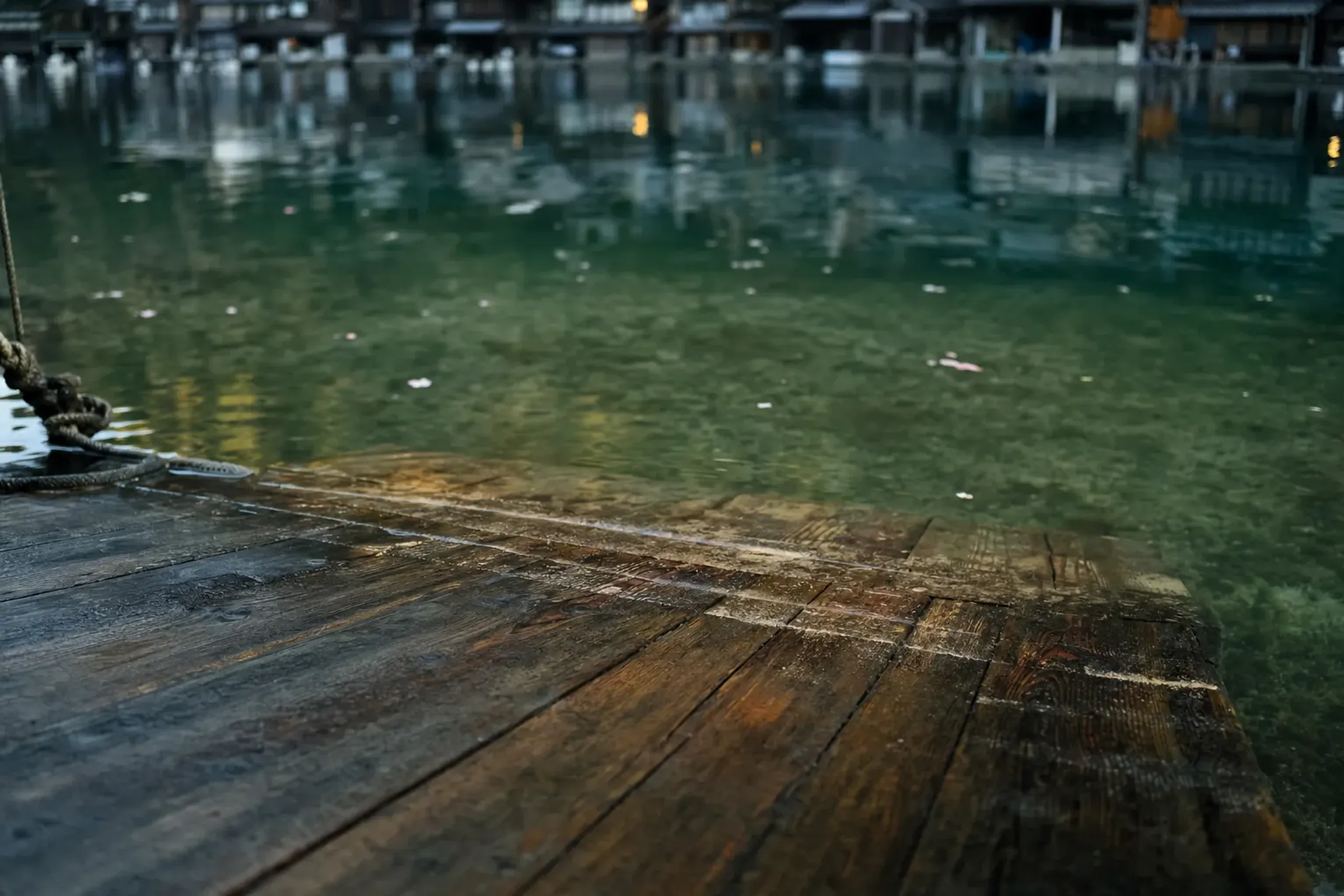 A wooden boat ramp at a funaya in Ine Bay sloping seamlessly into still green water, the faint tideline barely marking the planks