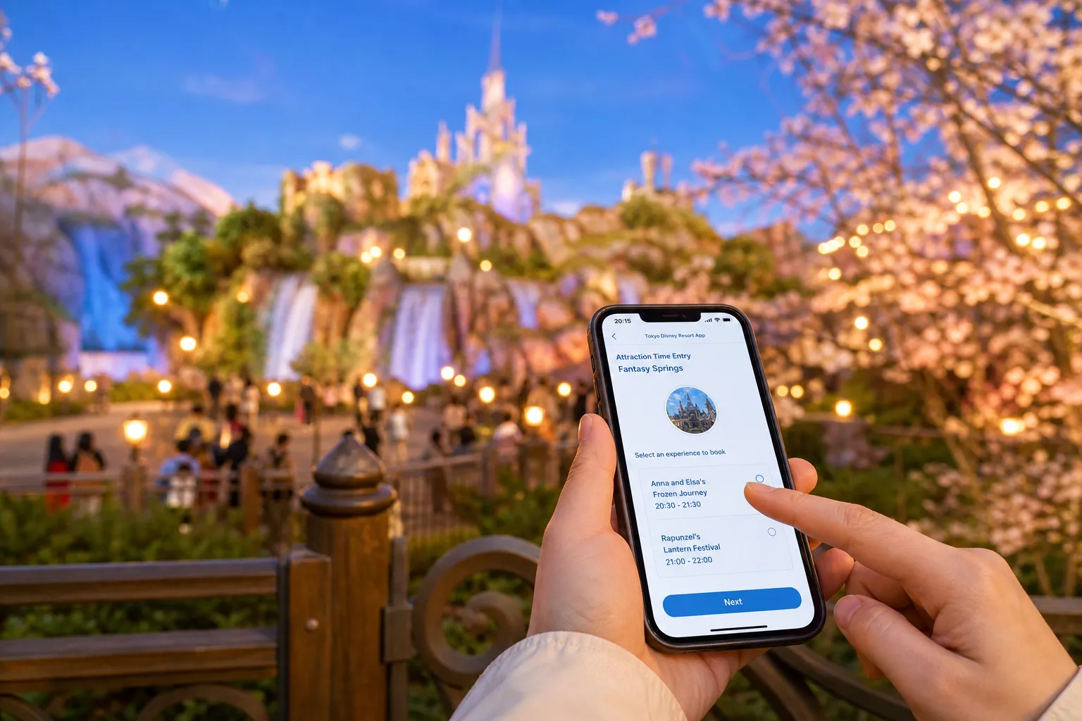 Visitor using the Tokyo Disney Resort App to manage attraction access at Fantasy Springs