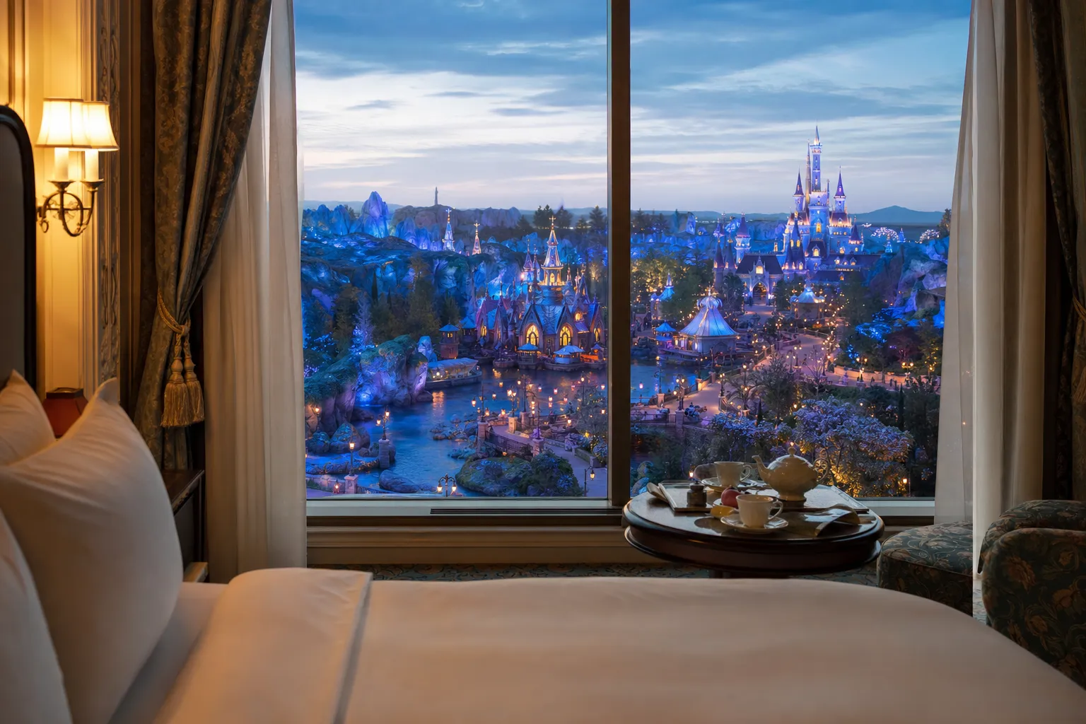 Refined Grand Chateau hotel room overlooking the Fantasy Springs port at Tokyo DisneySea