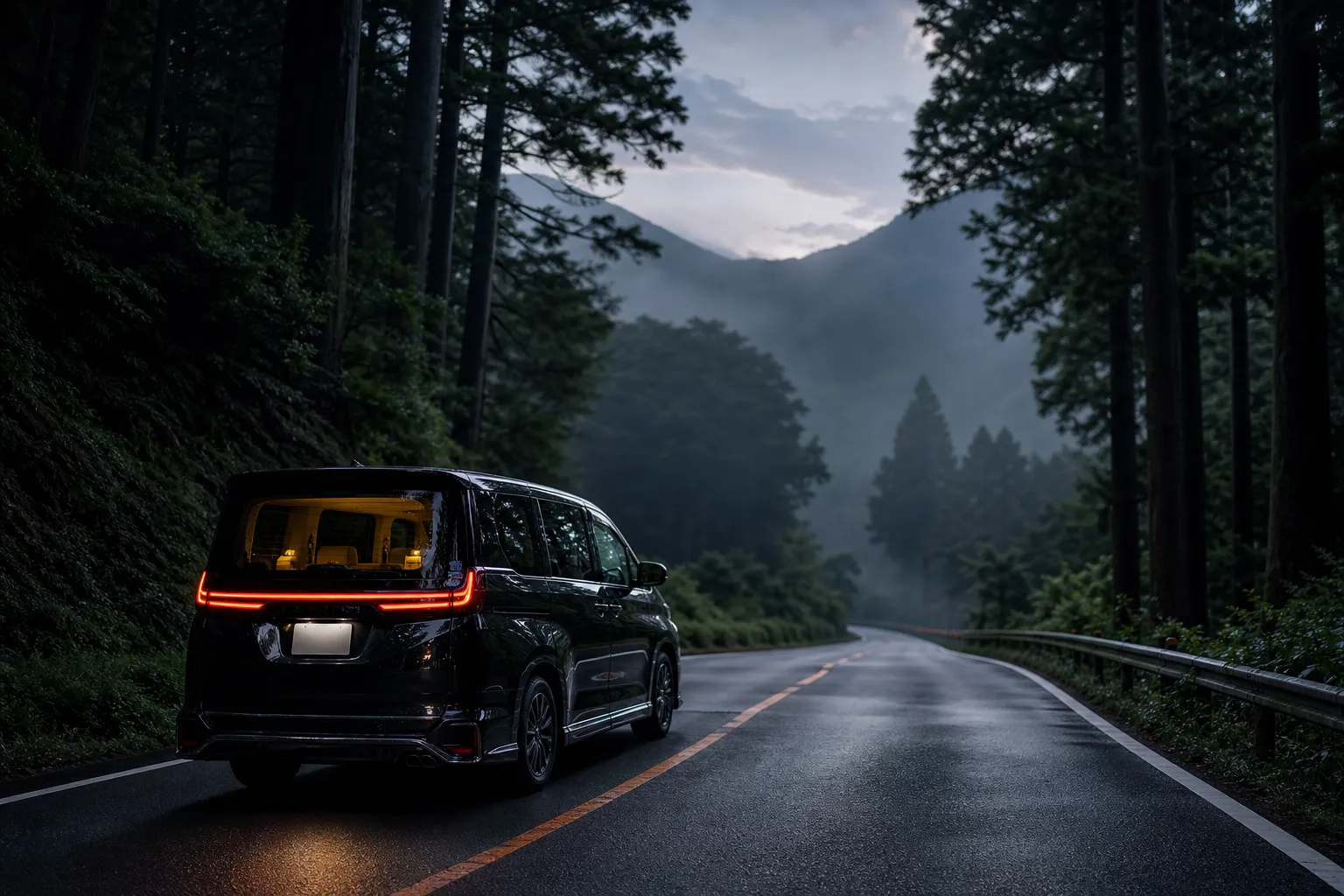 Luxury private minivan on a quiet Hakone road, illustrating decompression after a Tokyo Disney day