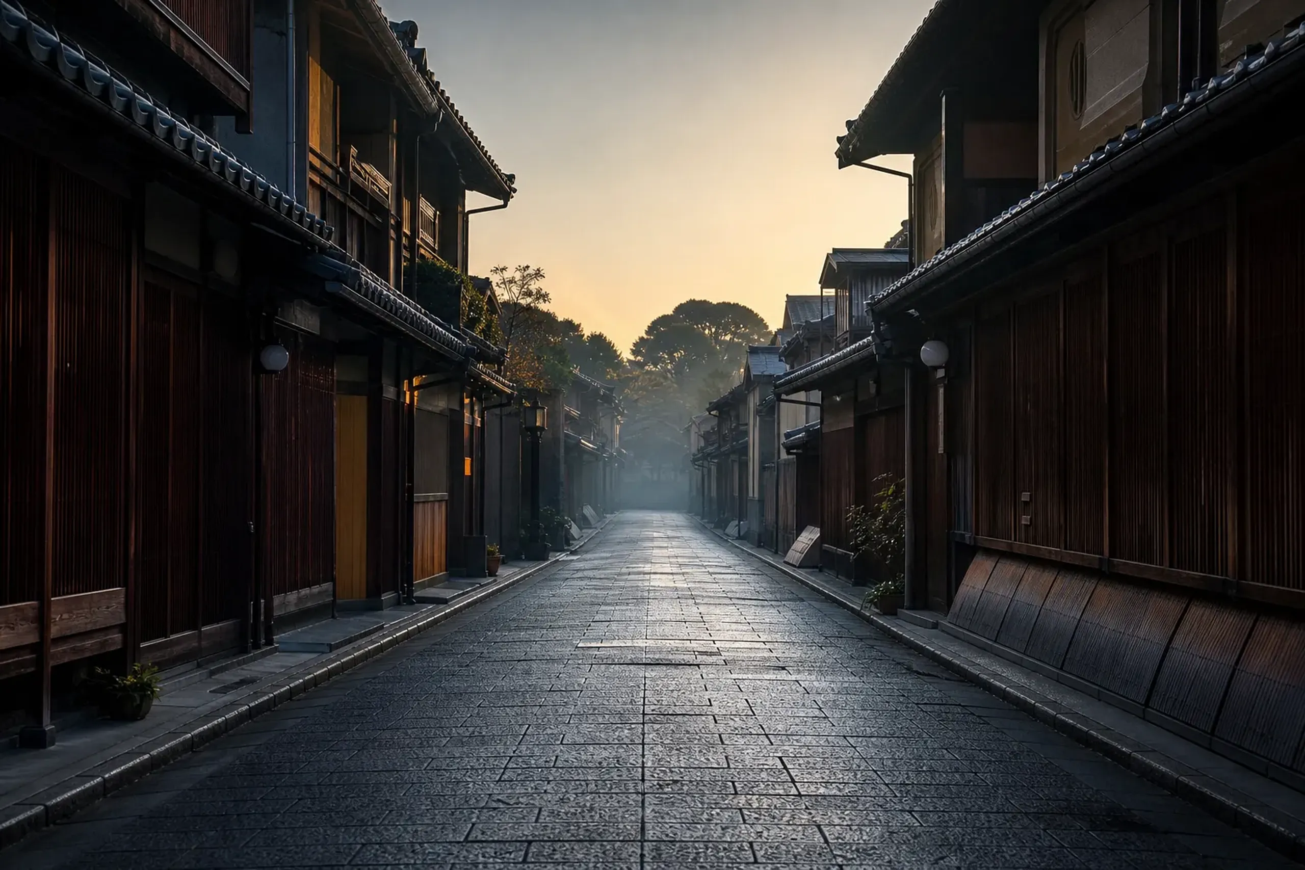Quiet stone-paved lane with traditional wooden buildings in Kyoto Gion area
