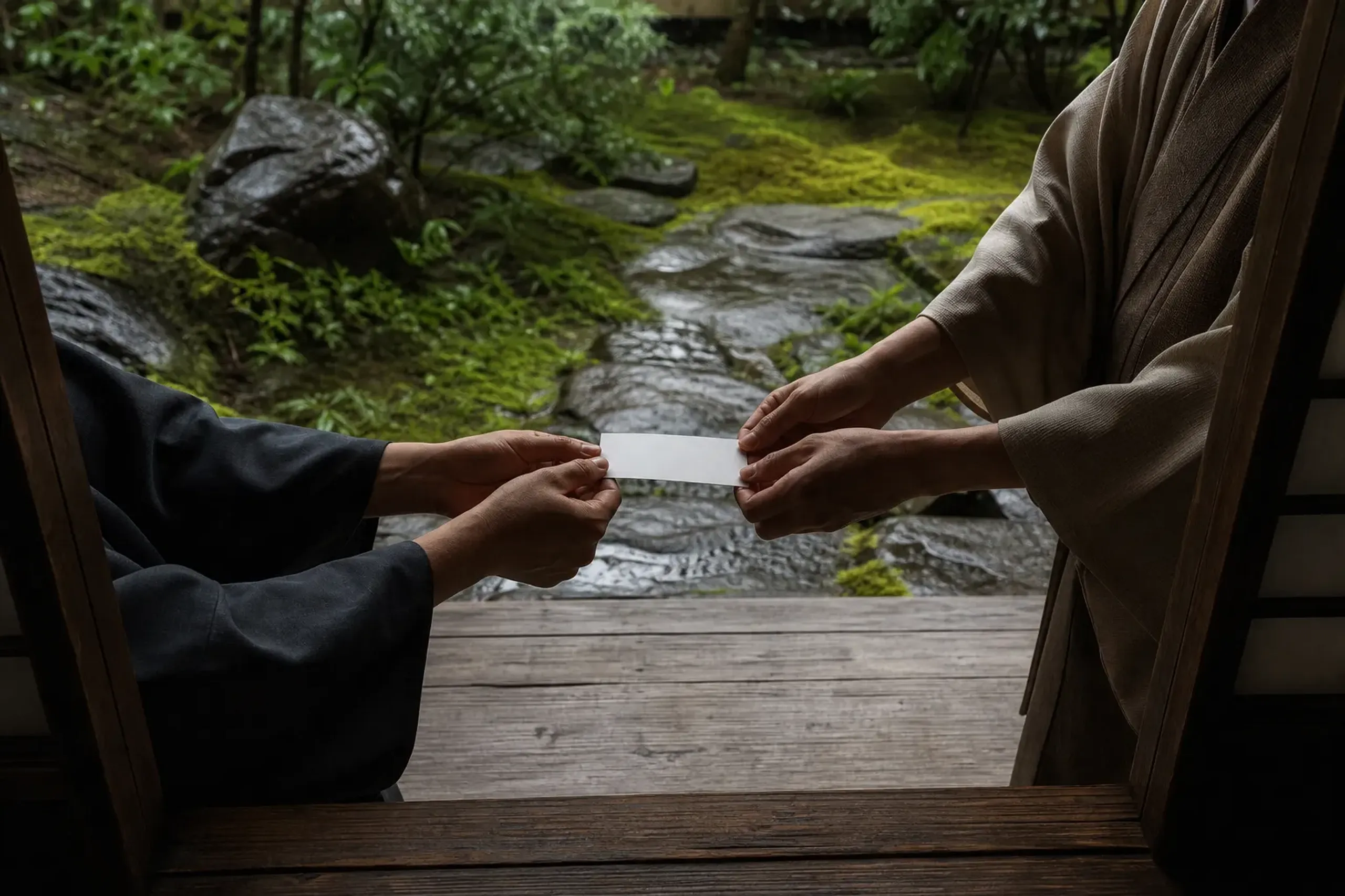 Hands exchanging a Japanese business card over a wooden counter