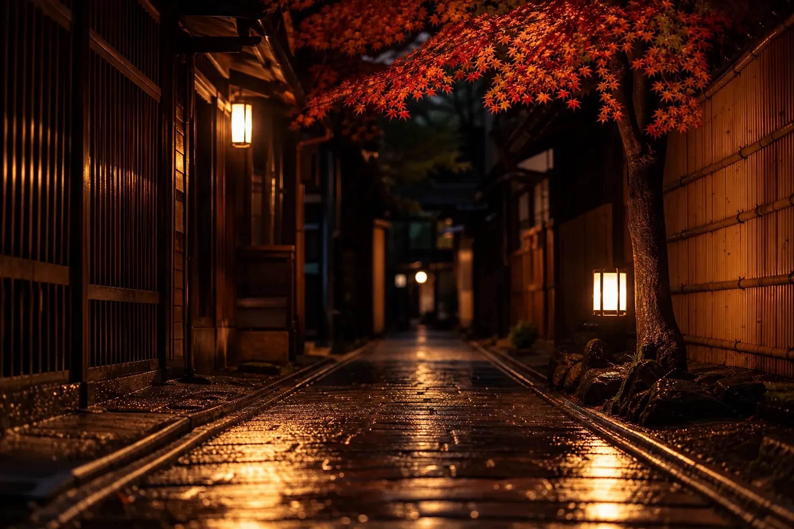Lantern-lit alley in Southern Gion with traditional machiya facades in Kyoto at dusk