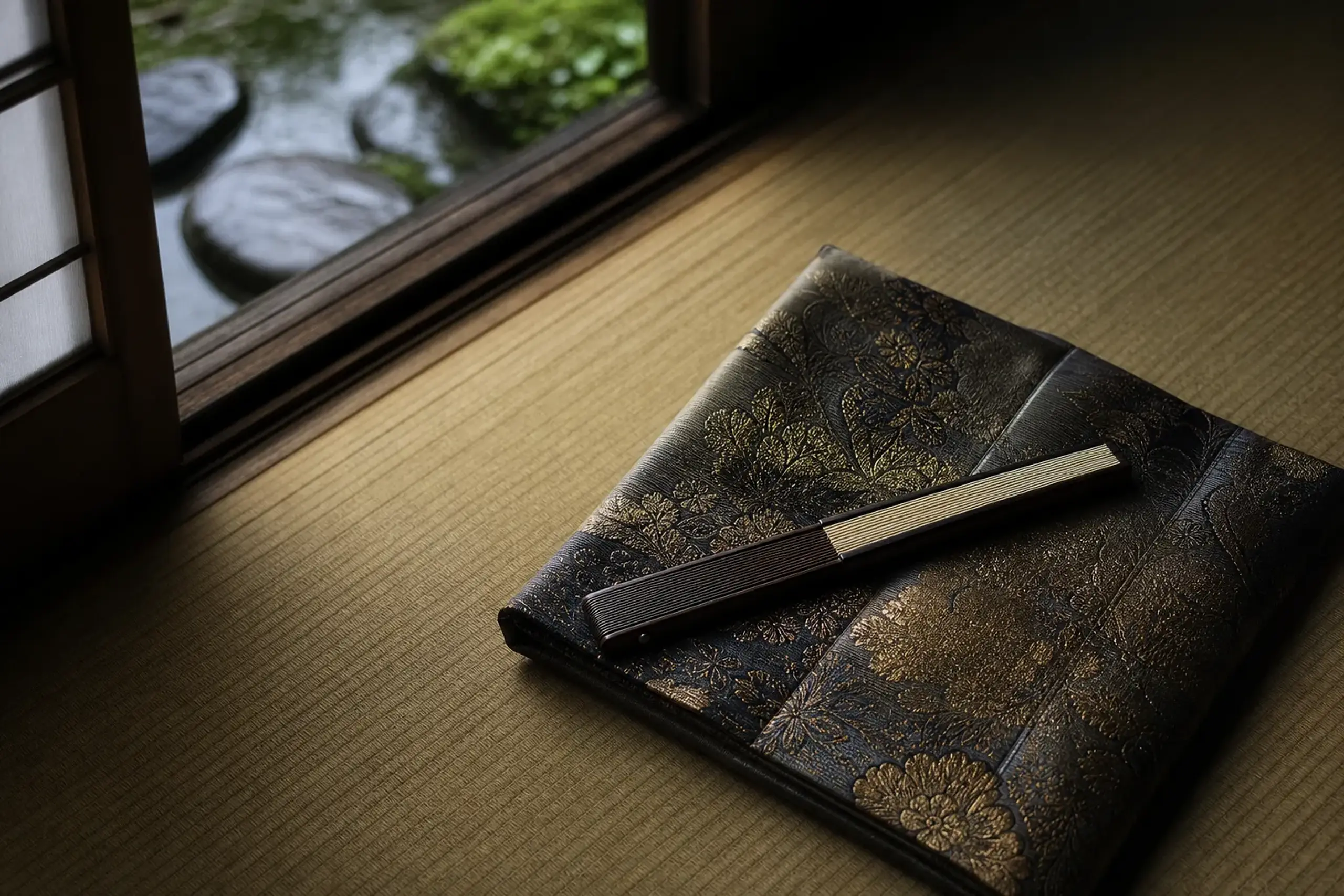 Folded Japanese fan and silk obi on tatami in a quiet Kyoto interior