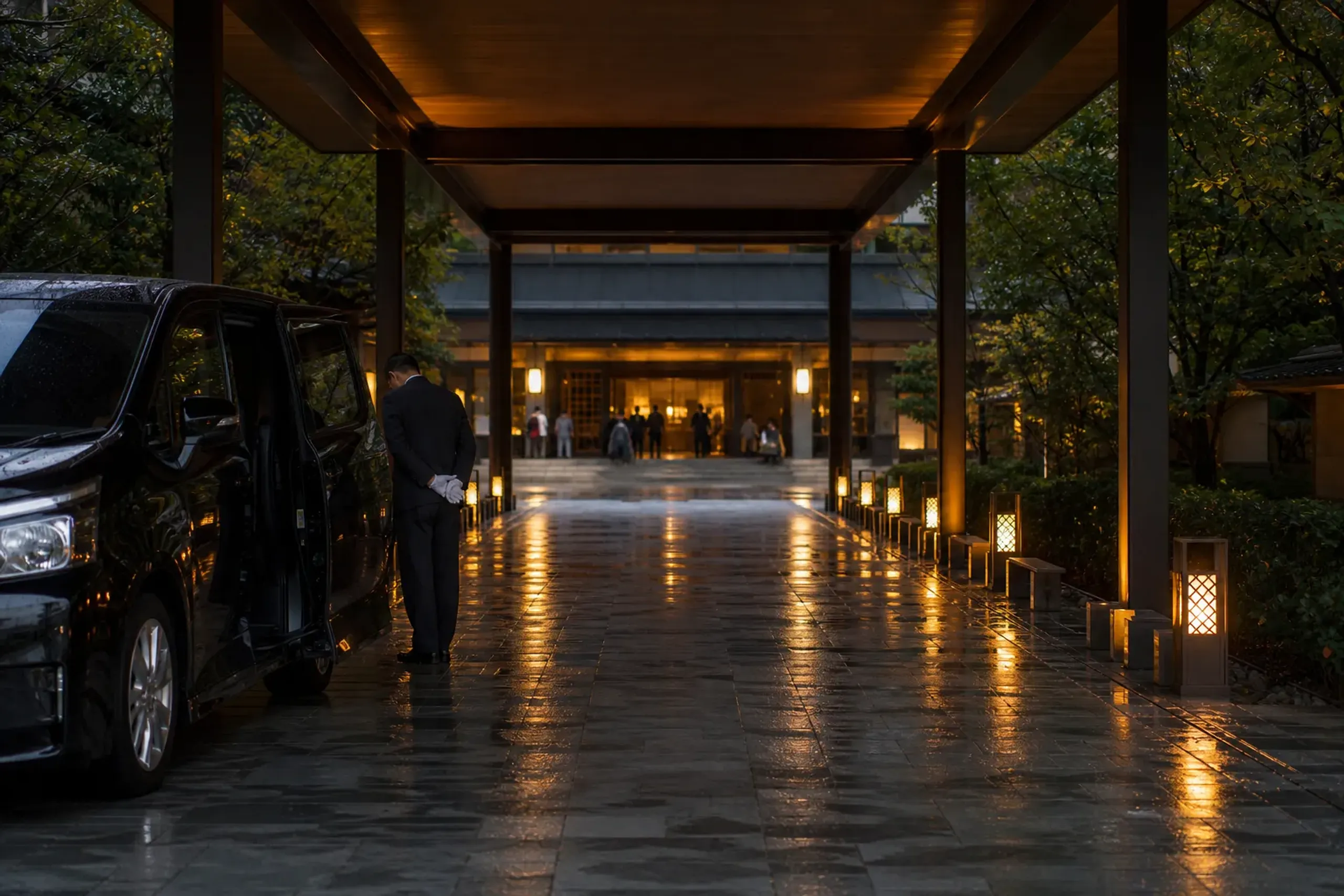 Discreet vehicle waiting at a quiet hotel entrance in Japan to minimize exposure