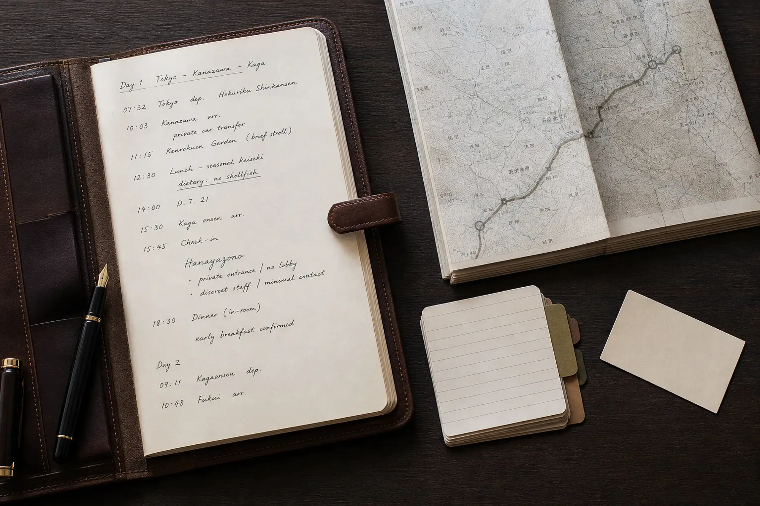 Concierge planning tools with itinerary notes for a privacy-first Japan trip