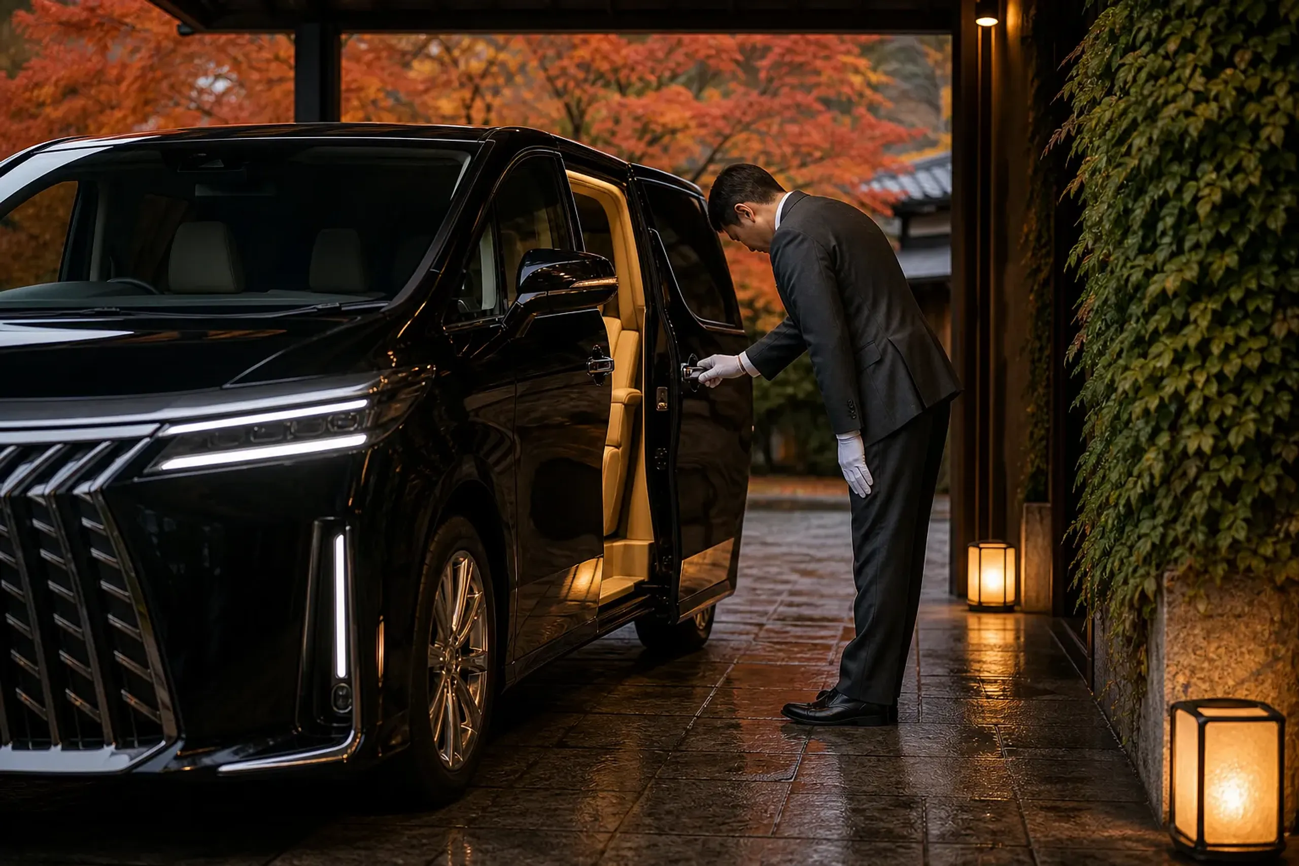 Chauffeur opening a Lexus LM 500 door in Japan with discreet, low-profile service
