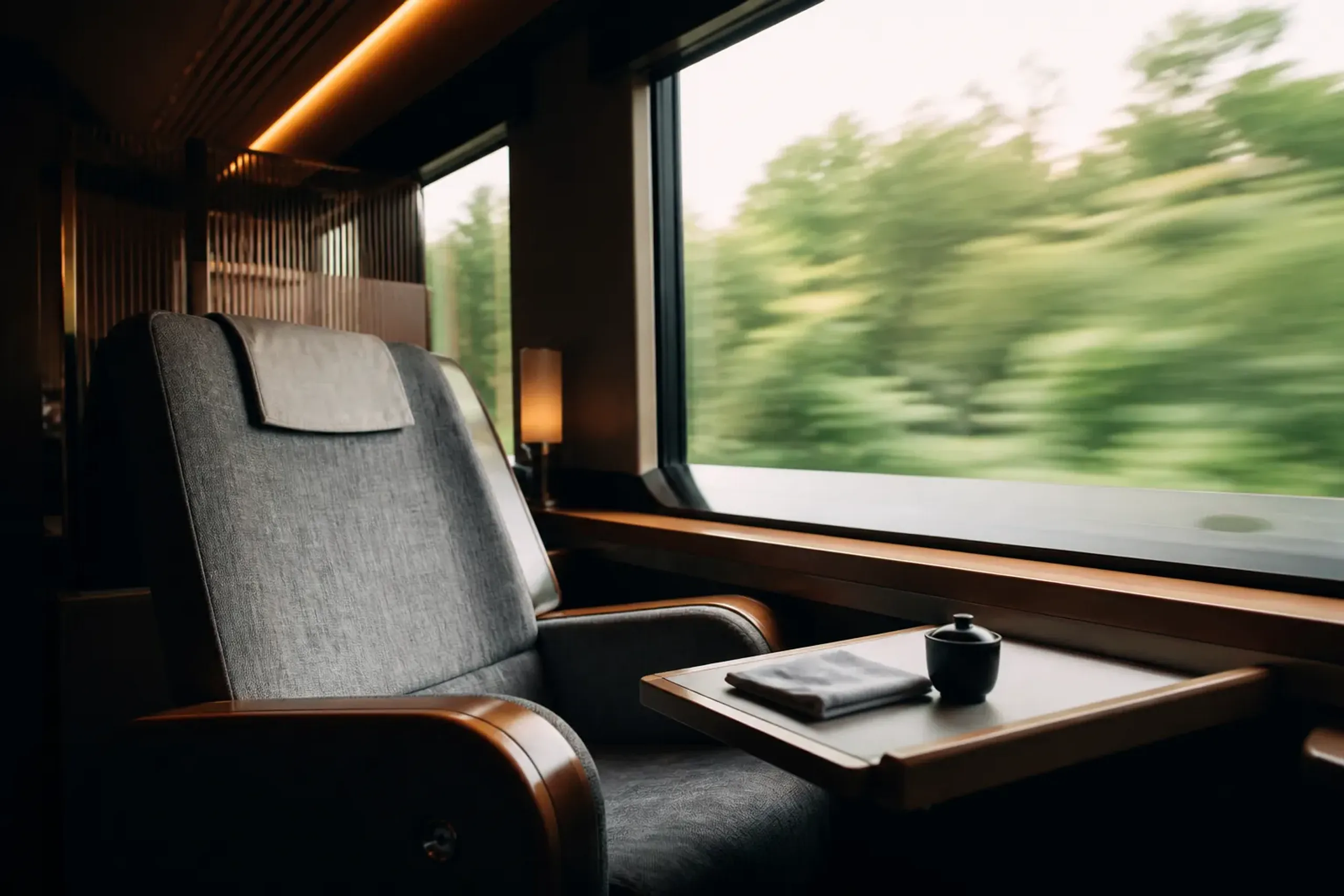 Premium train cabin interior in Japan with wide seat and window view, showing discreet long-distance travel