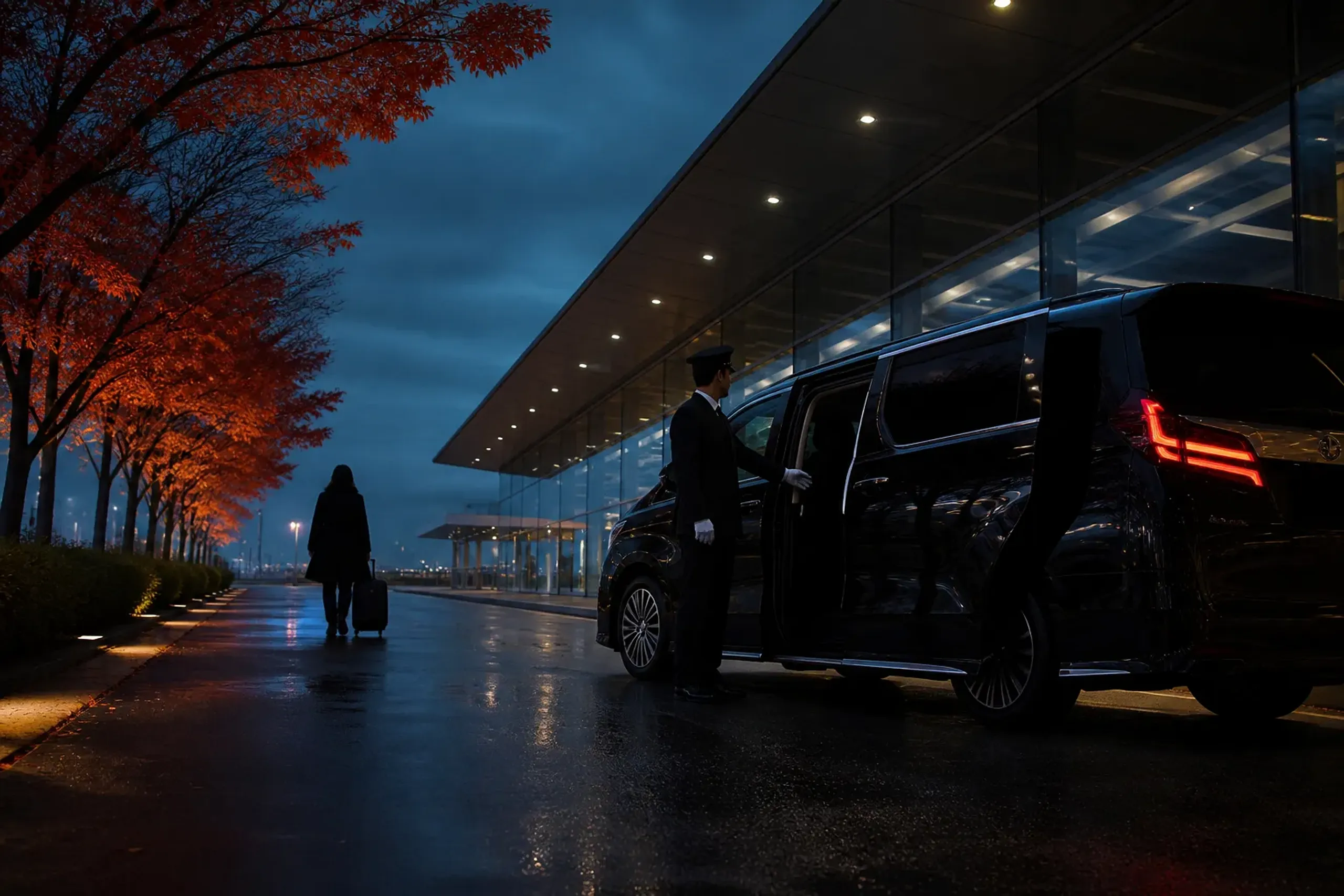Luxury minivan with tinted windows at a Japanese airport curbside pickup, emphasizing low-visibility transfers