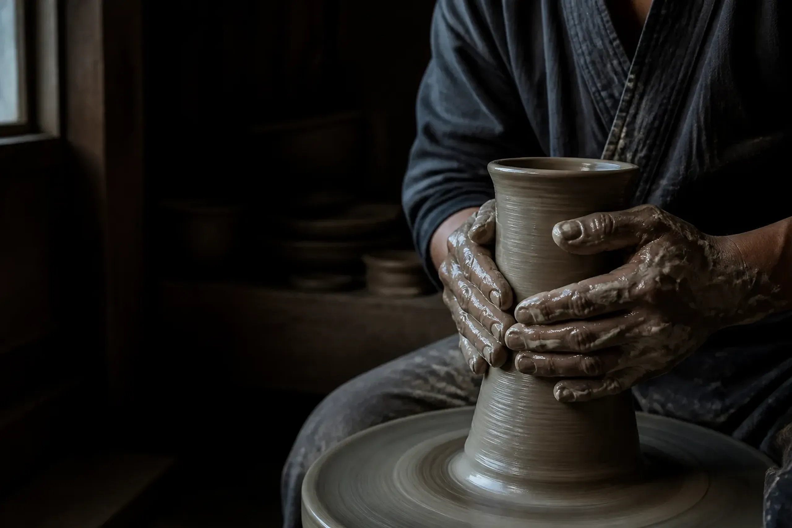 Artisan hands shaping clay on a pottery wheel in a Japanese workshop, representing shokunin craft
