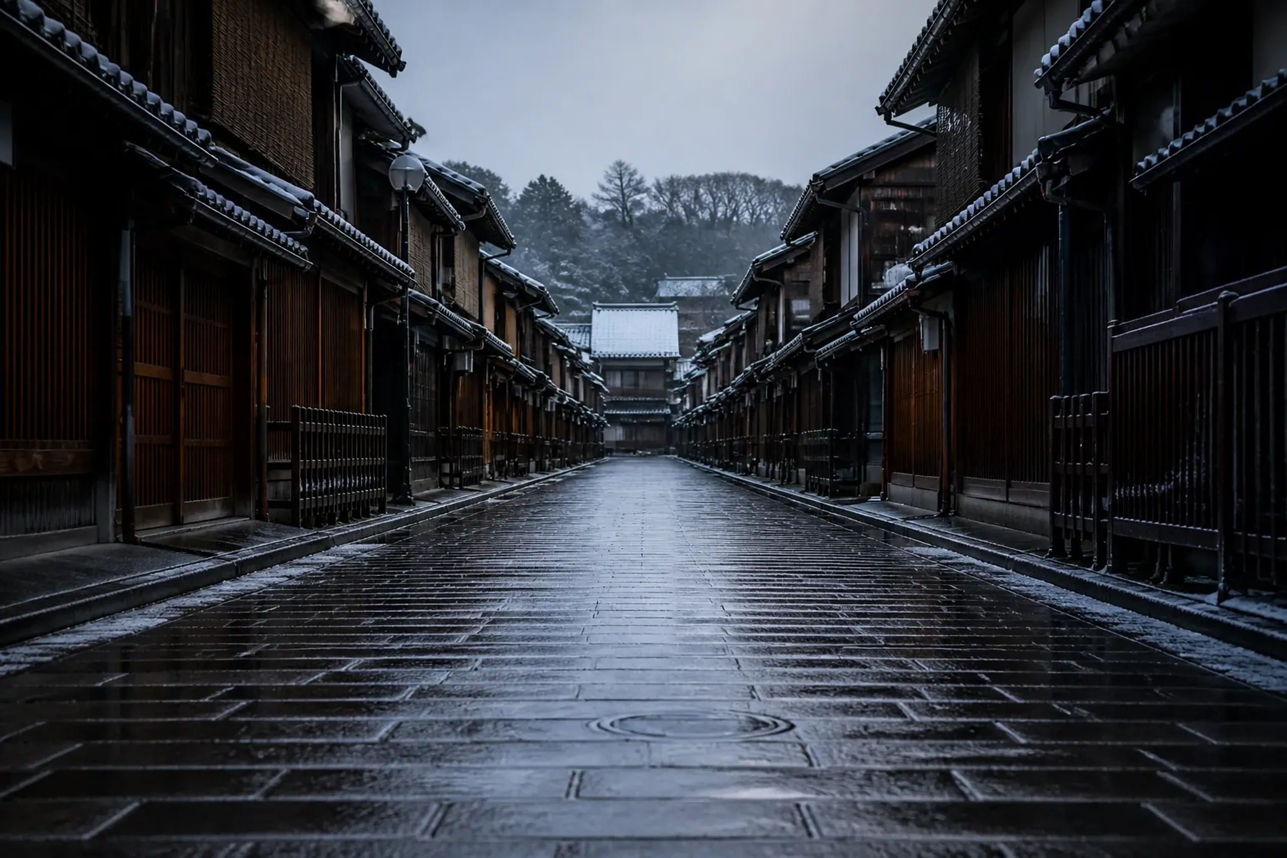 an empty early-morning cobblestone lane in Kyoto's Gion district at dawn, still shuttered and quiet before crowds arrive, soft light on wooden machiya facades