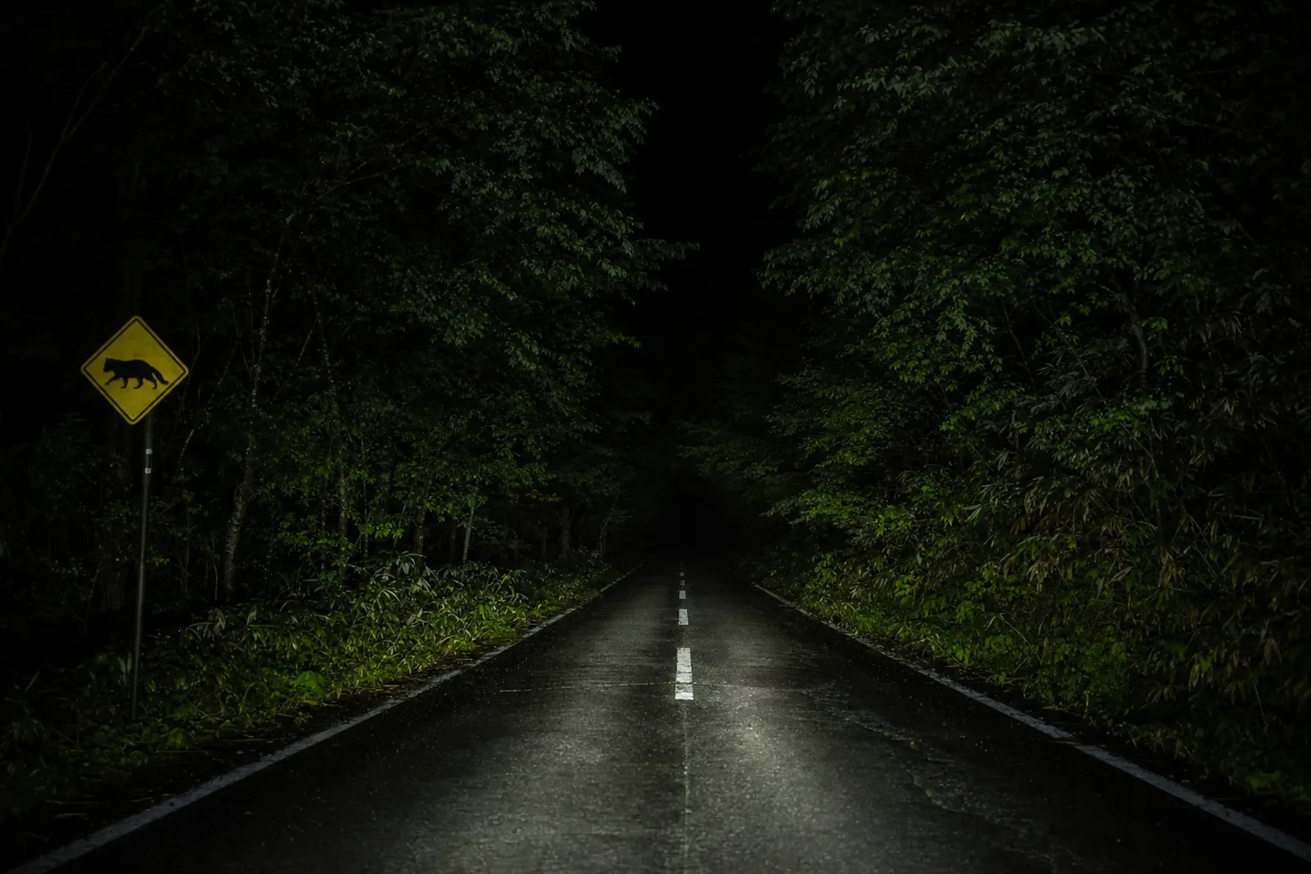 an empty two-lane island road cutting through nighttime jungle on Iriomote, illuminated by headlights