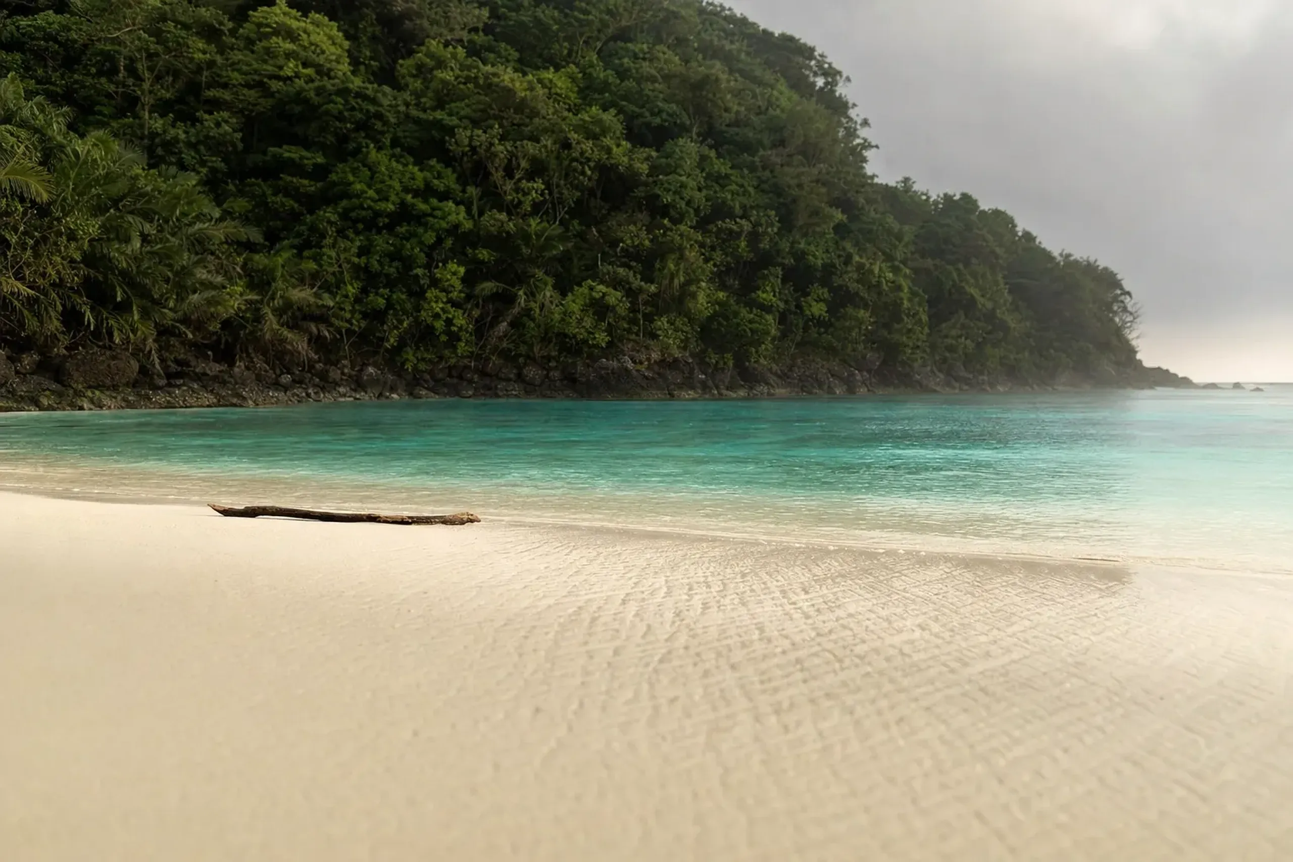 the quiet white sand and turquoise shallows of Todomari Beach backed by wild vegetation on Iriomote