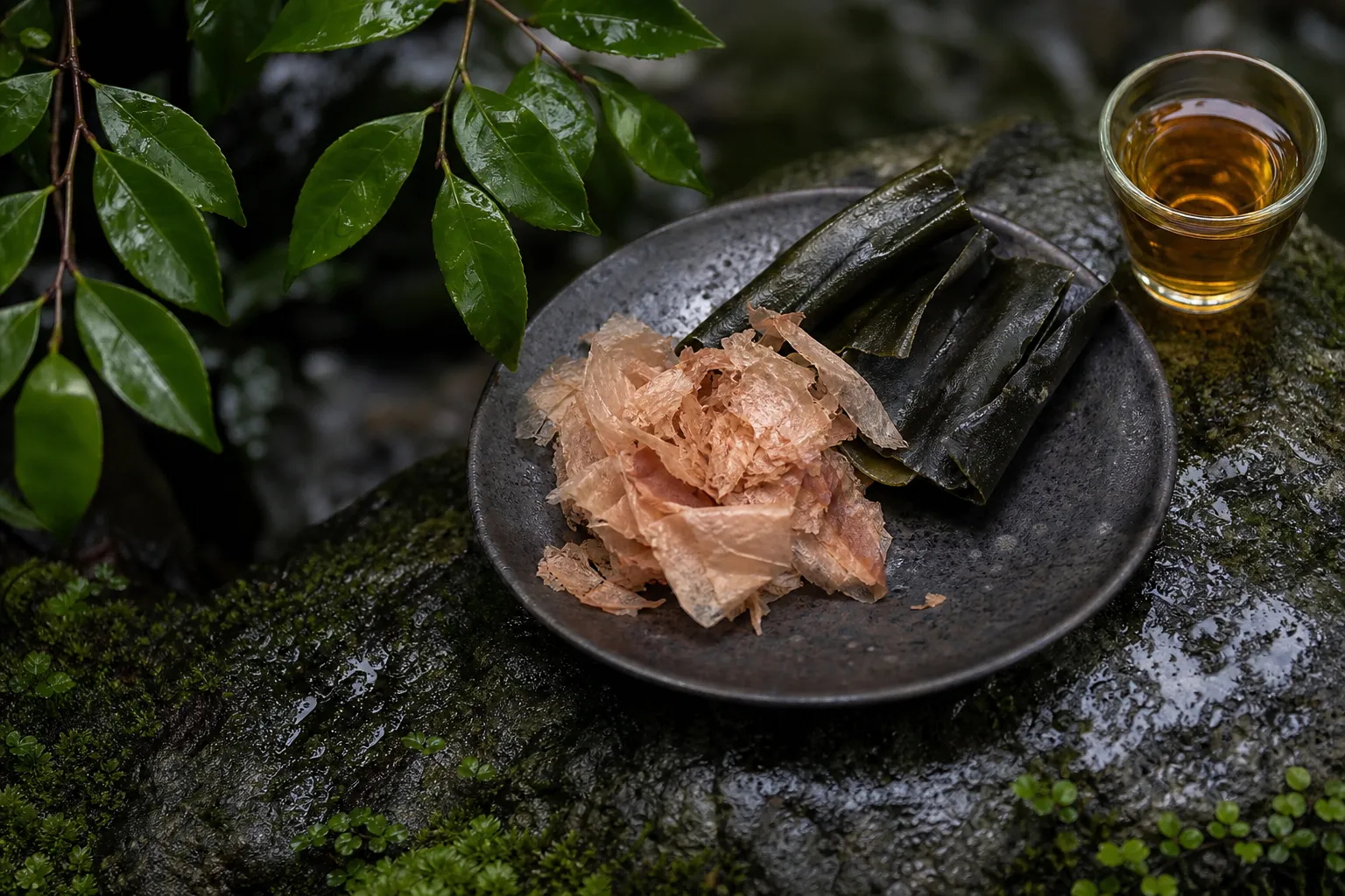 Dried bonito flakes and kombu kelp beside a glass of dashi, showing why the broth is not vegetarian
