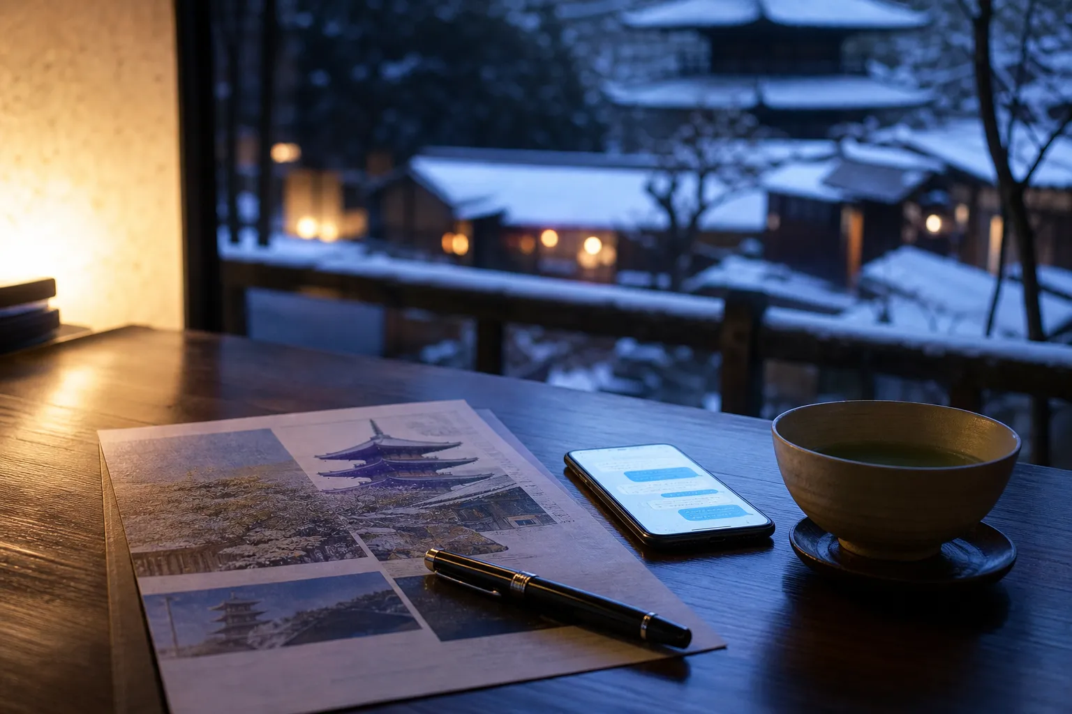 A calm desk with a Kyoto itinerary and phone representing pre-trip dietary consultation by concierge