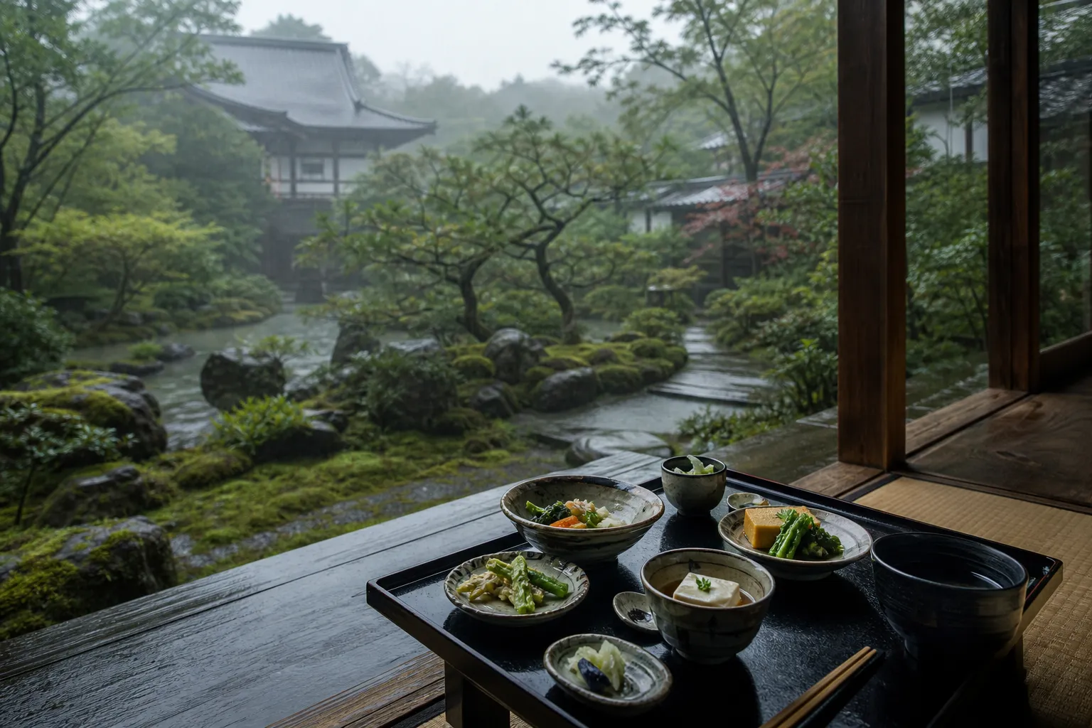 A tray of shojin-ryori vegetarian temple cuisine with vegetables and tofu in a Kyoto tatami room