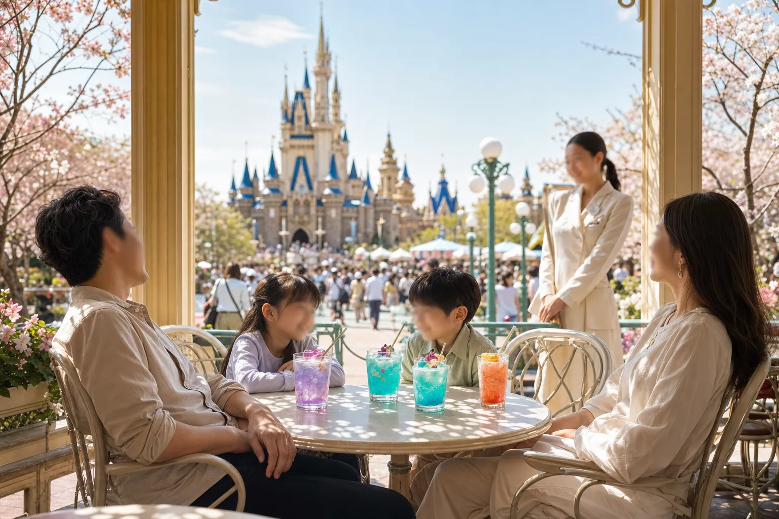 A shaded seating area inside Tokyo DisneySea set up for a mid-day rest break