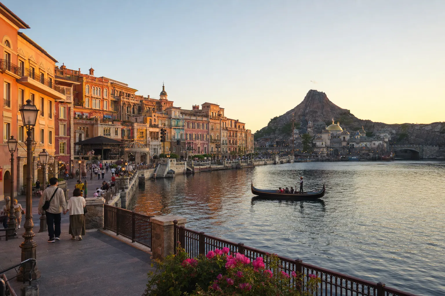 Tokyo DisneySea Mediterranean Harbor area in late-afternoon light with waterfront architecture