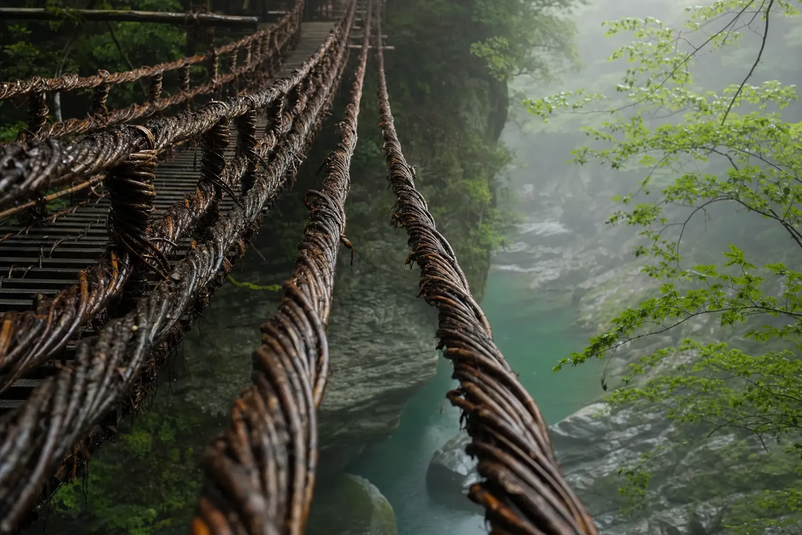 the eight kumozuna vine cables of the Kazurabashi anchored four per side, suspending the central walkway across the gorge like a spider web