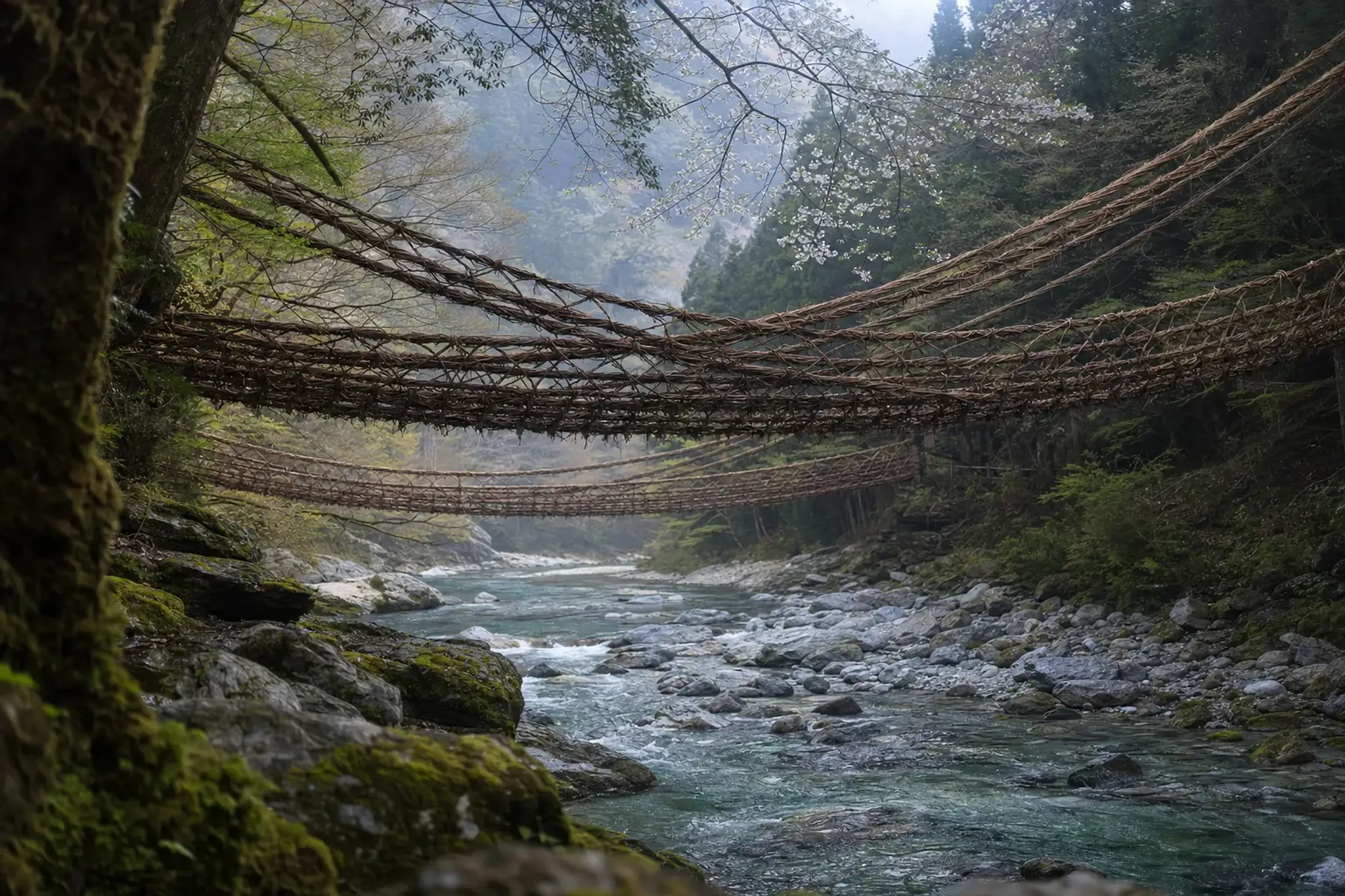 the twin vine bridges of Oku-Iya Kazurabashi in Higashi-Iya, spanning a remote mountain stream