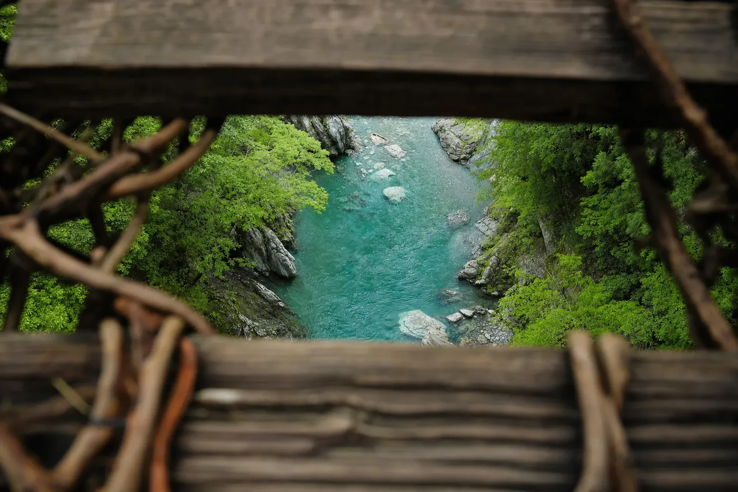 the green-and-cold Iya River flowing fourteen metres below through the steep forested Iya Valley gorge