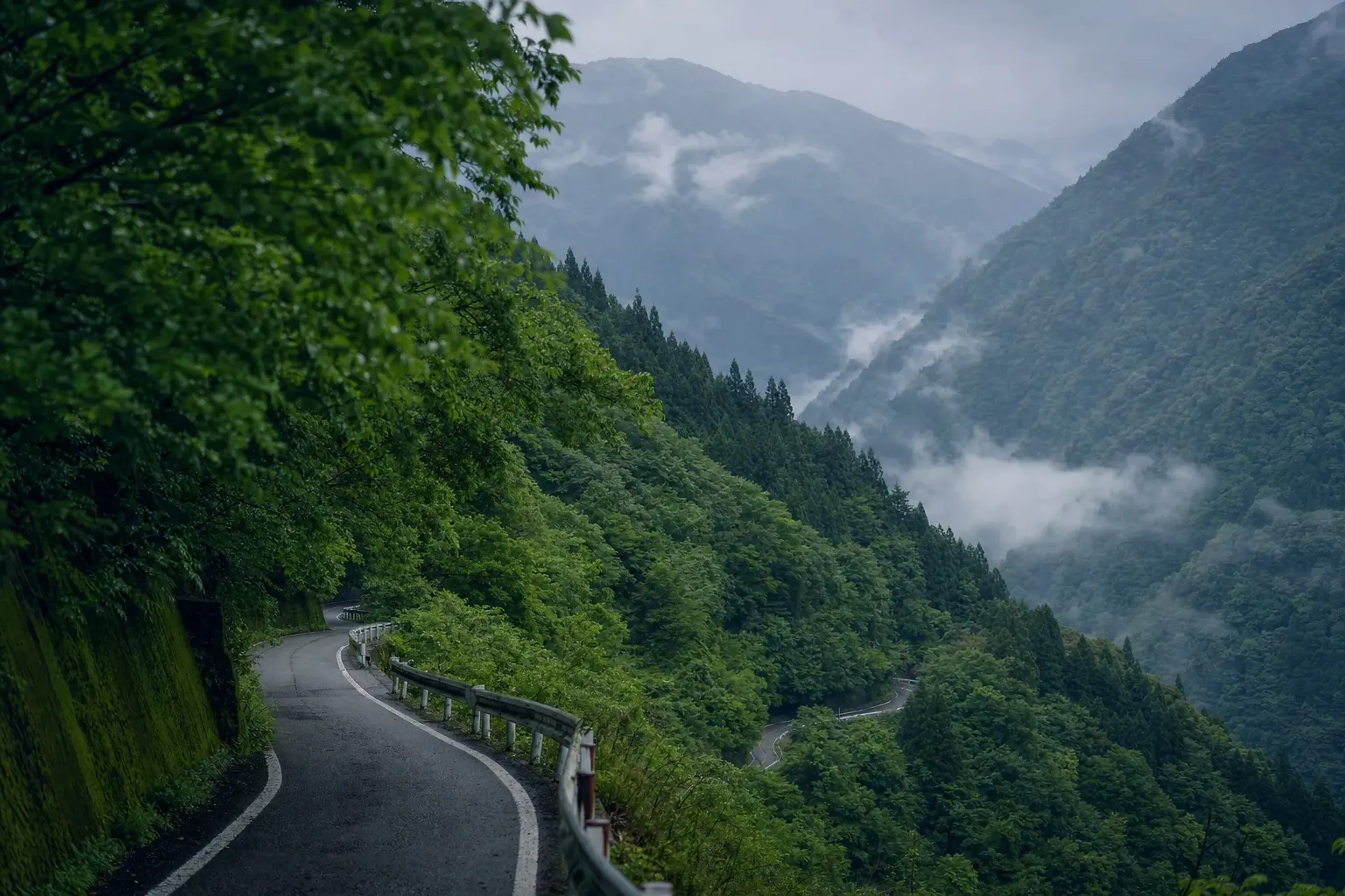 a winding narrow mountain road threading through the deeply folded slopes of the Iya Valley toward the Kazurabashi
