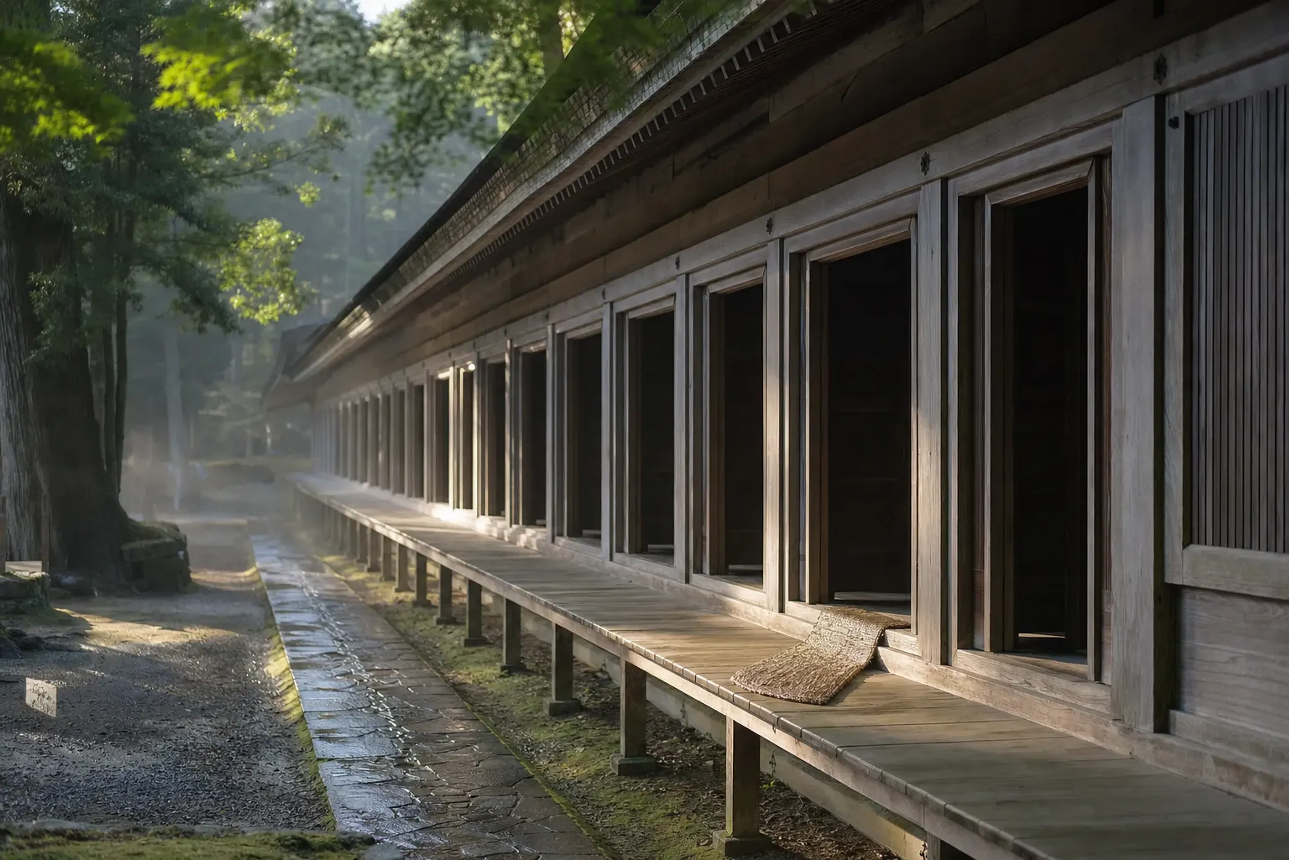 The open doors of the eastern Jūkyūsha lodging building at Izumo Taisha, a long austere wooden structure flanking the main hall during Kamiari-sai