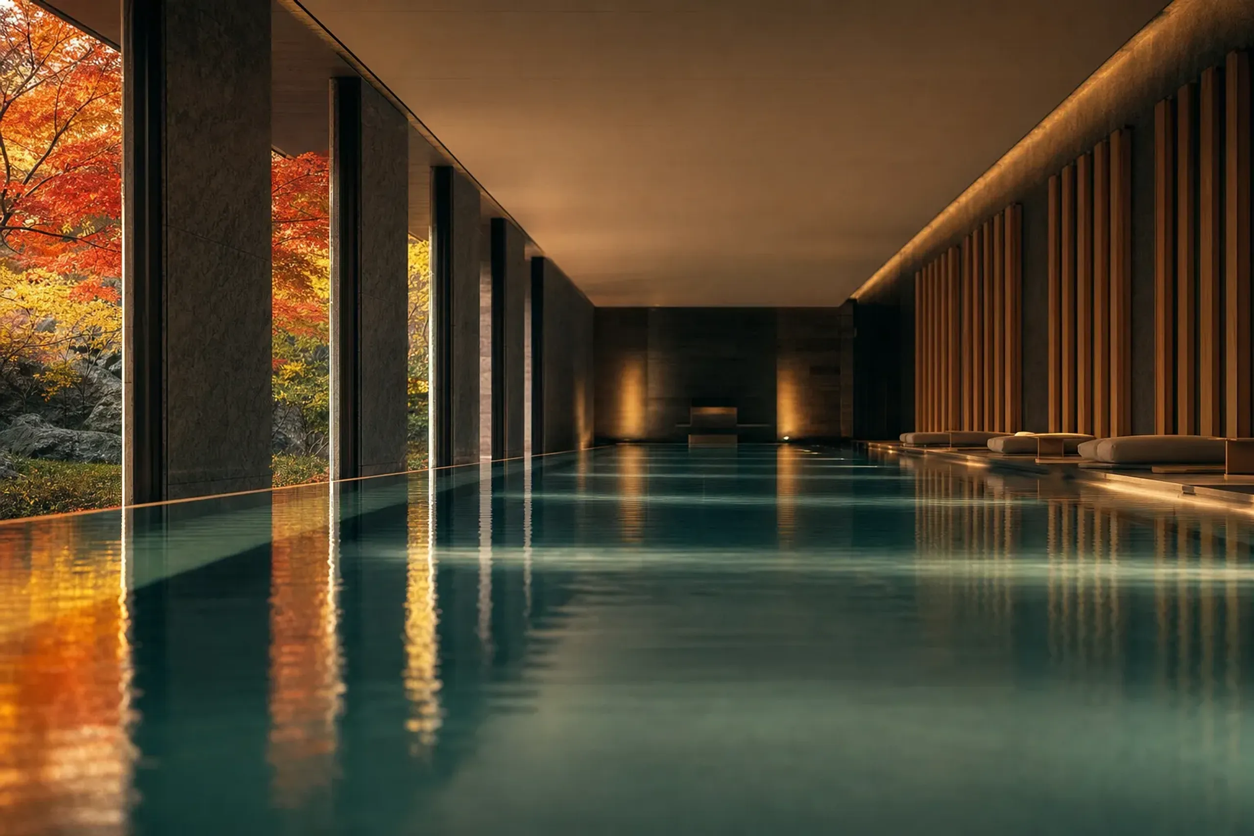 The 25-metre heated indoor pool at Janu Tokyo's Wellness Centre, cutting a clean line under soft ambient light