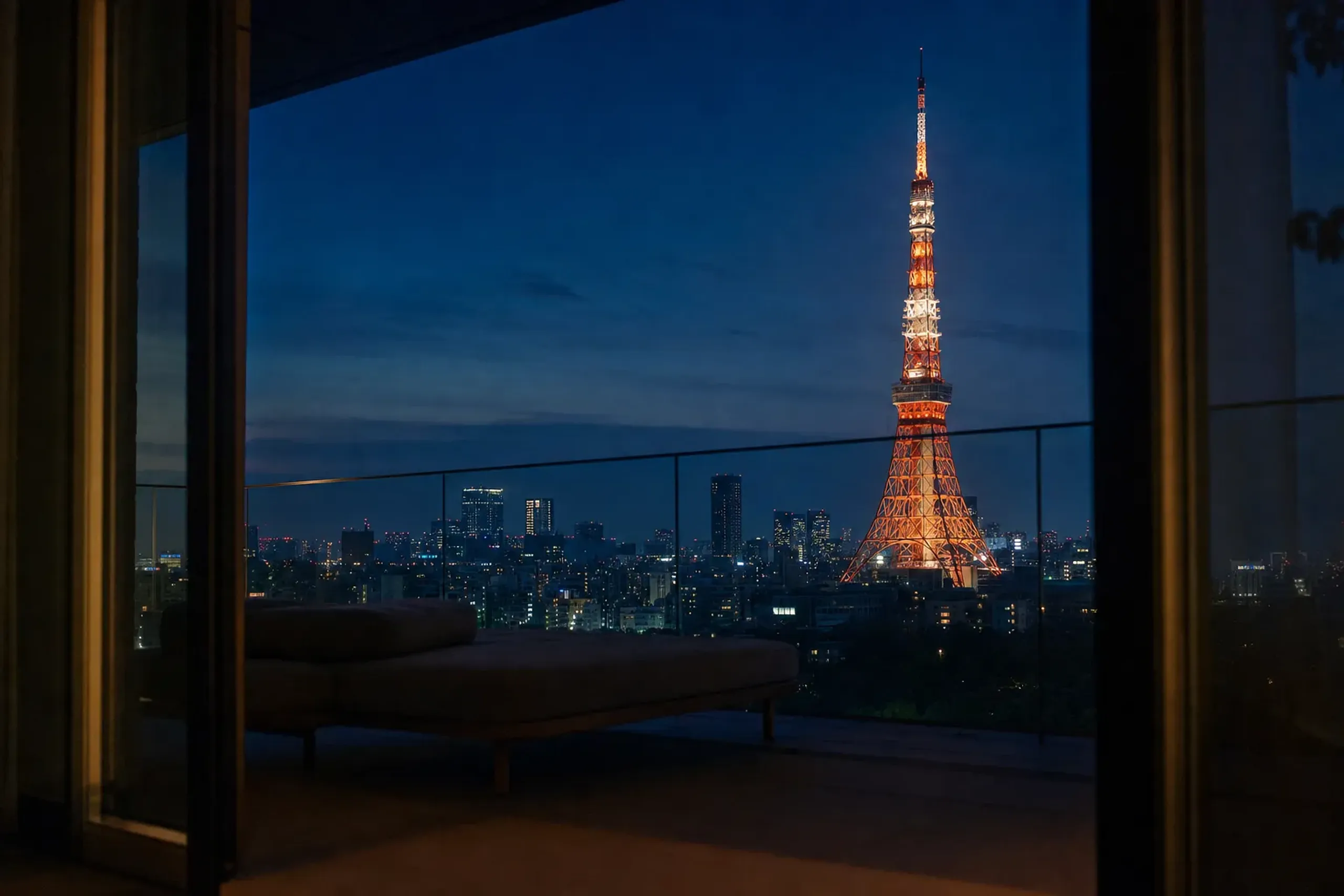 A Janu Tokyo view suite private balcony framing the orange lattice of Tokyo Tower lit against the skyline