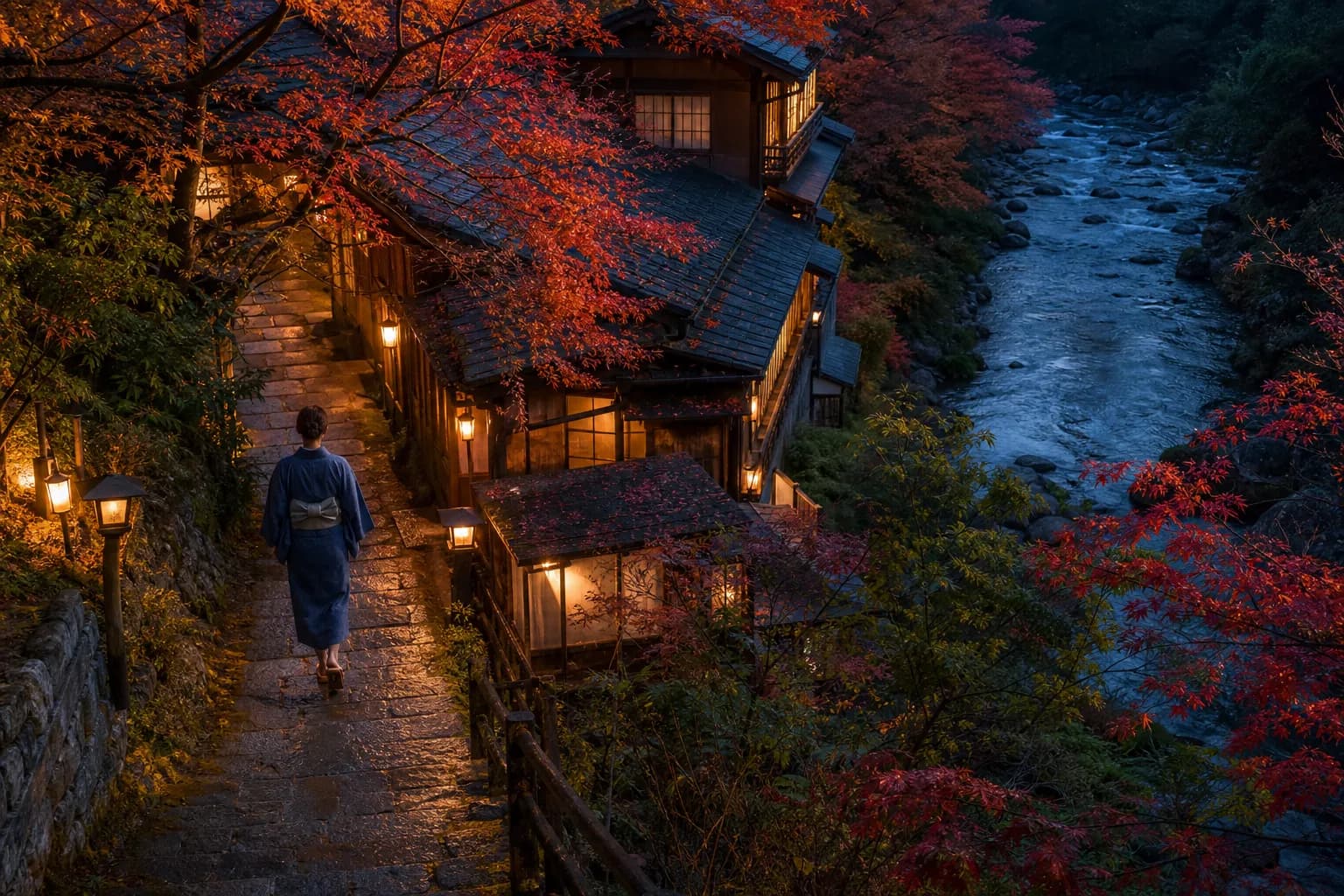 Guest in yukata walking a lantern-lit path through a Japanese onsen town in the evening