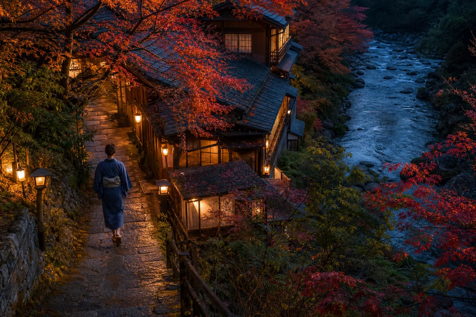 Guest in yukata walking a lantern-lit path through a Japanese onsen town in the evening