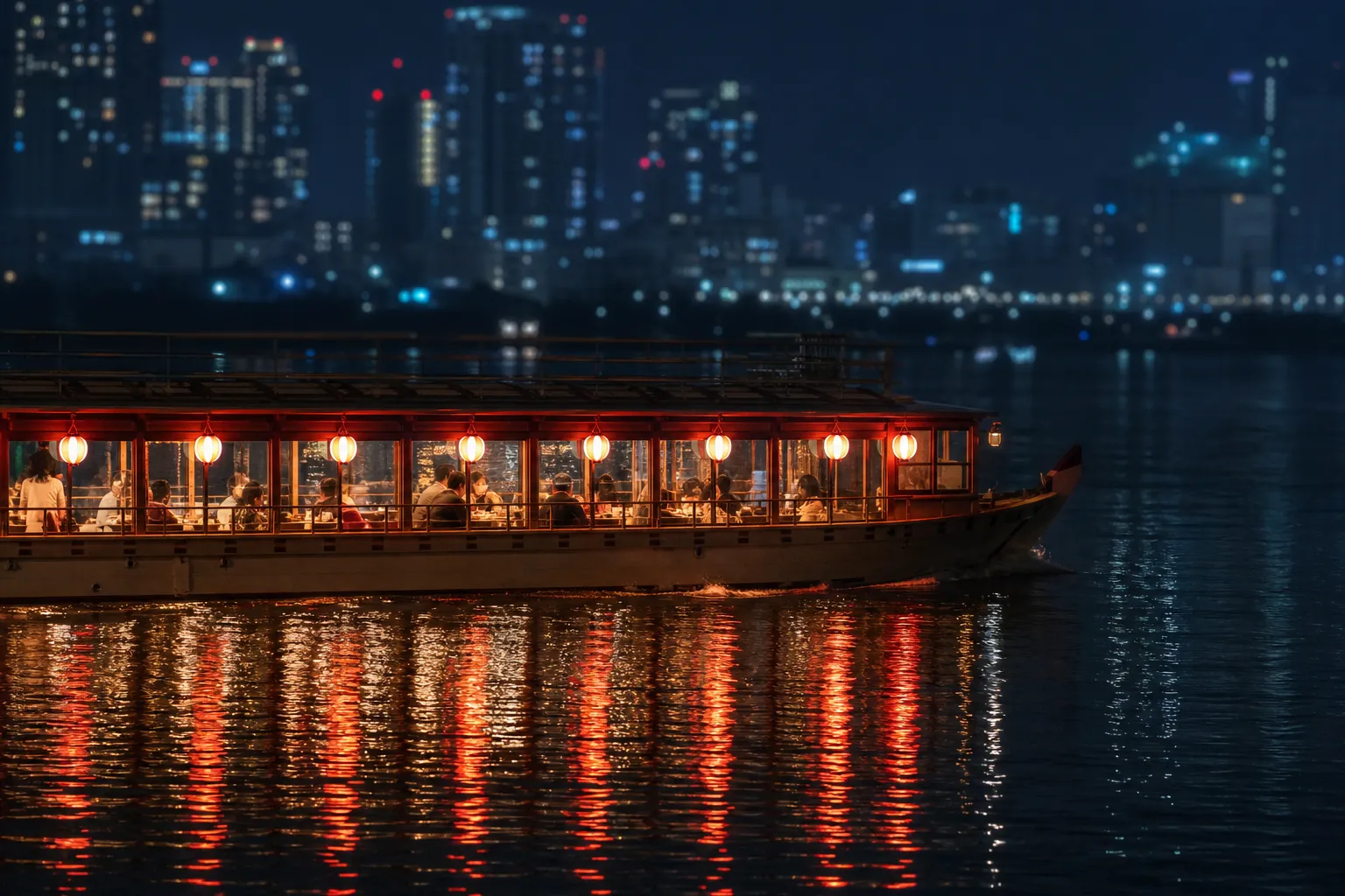 Traditional lantern-lit yakatabune houseboat cruising an Osaka river at night with diners aboard