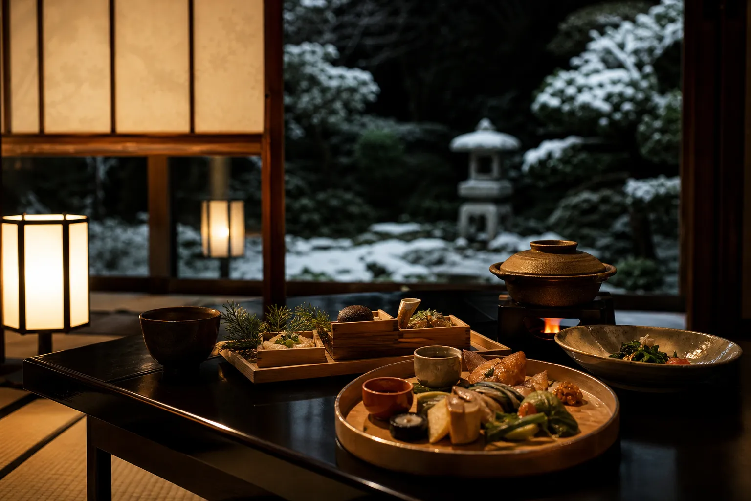 Traditional tatami ryokan room set for kaiseki dinner with soft lantern light at night