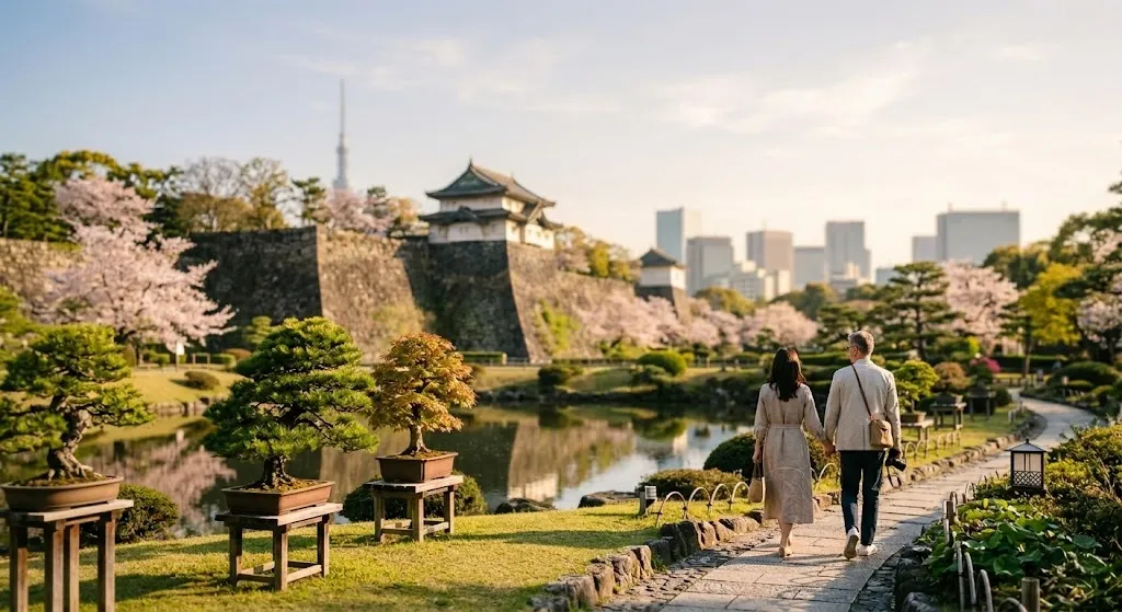 Meticulously manicured traditional Japanese gardens feature a serene pond and historical Edo Castle stone walls under a clear sky, blending Tokyo's royal past with subtle luxury.
