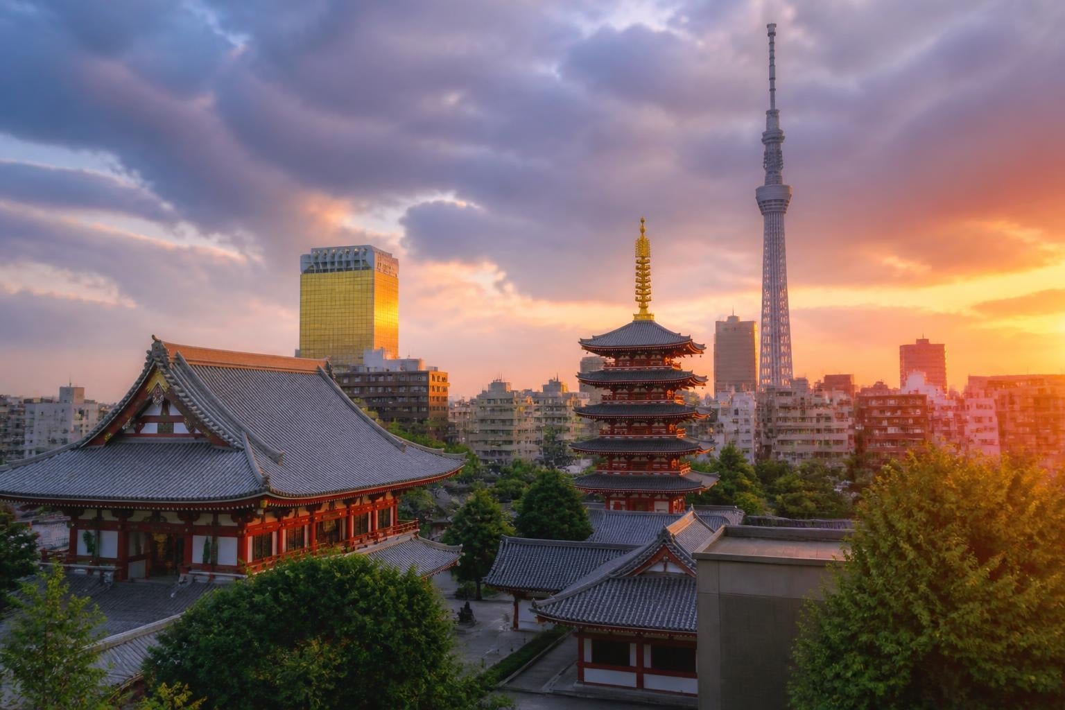 Sunset over Tokyo blending a traditional temple complex and a five-story pagoda with the modern skyline, including Tokyo Skytree, in warm orange light.