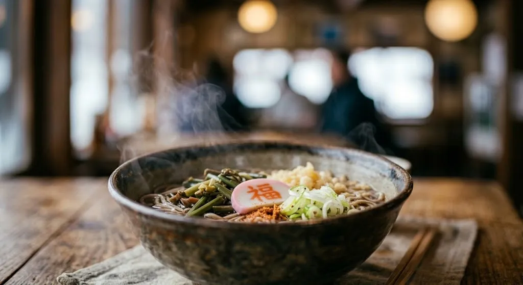 A warm close-up photograph of a steaming bowl of hot soba noodles on a wooden table inside a cozy shop with a snowy winter window view.