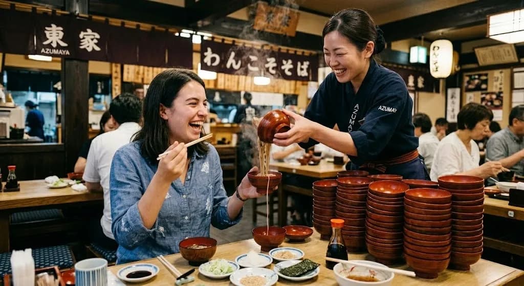 A vibrant photograph capturing stacked lacquered bowls from a traditional wanko soba meal experience at AZUMAYA Honten restaurant in Morioka, Iwate.