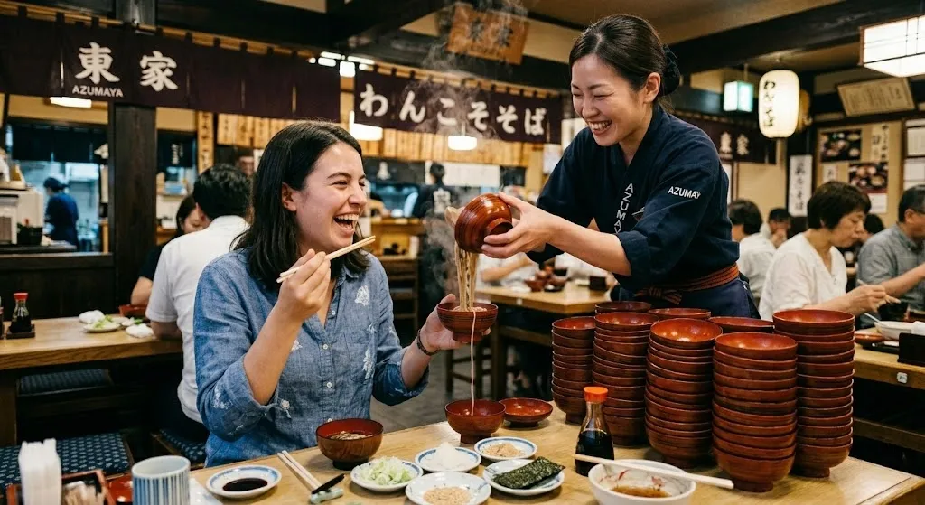 A vibrant photograph capturing stacked lacquered bowls from a traditional wanko soba meal experience at AZUMAYA Honten restaurant in Morioka, Iwate.