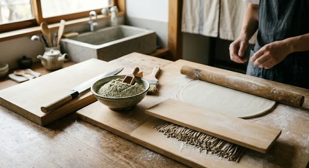 A high-angle photograph showing buckwheat flour, a wooden rolling pin on dough, and freshly cut soba noodles, illustrating the systematic process.
