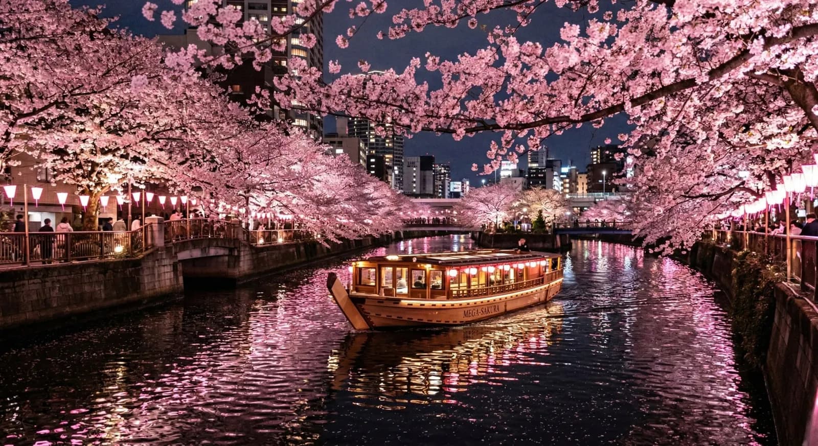 A luxury riverboat navigating the Meguro River in Tokyo under a canopy of illuminated pink cherry blossoms at night.