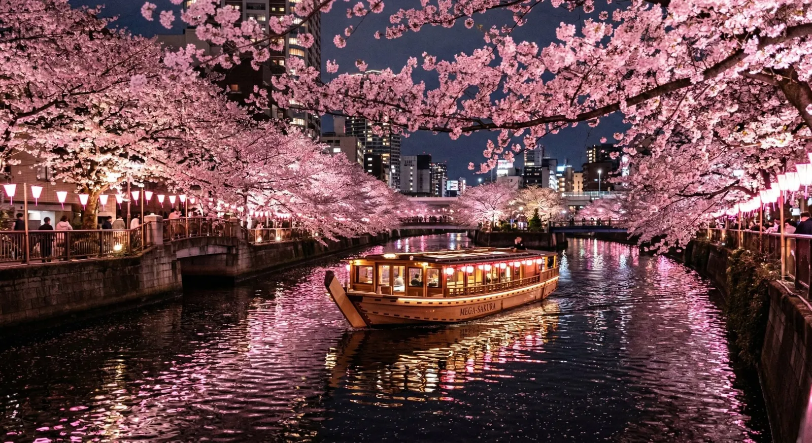 A luxury riverboat navigating the Meguro River in Tokyo under a canopy of illuminated pink cherry blossoms at night.