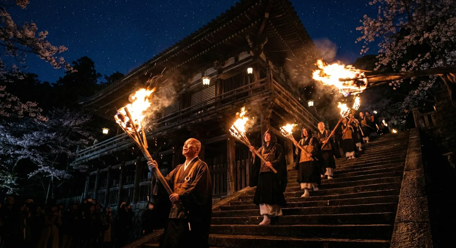 Monks holding massive flaming torches on the balcony of Nigatsudo Hall at night during the Omizutori festival in Nara.