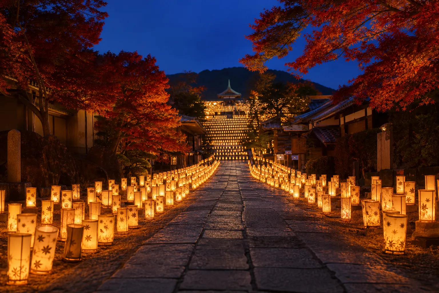 A quiet, ancient stone walkway in Kyoto's Higashiyama district is illuminated by thousands of glowing paper lanterns at twilight, leading towards a temple.