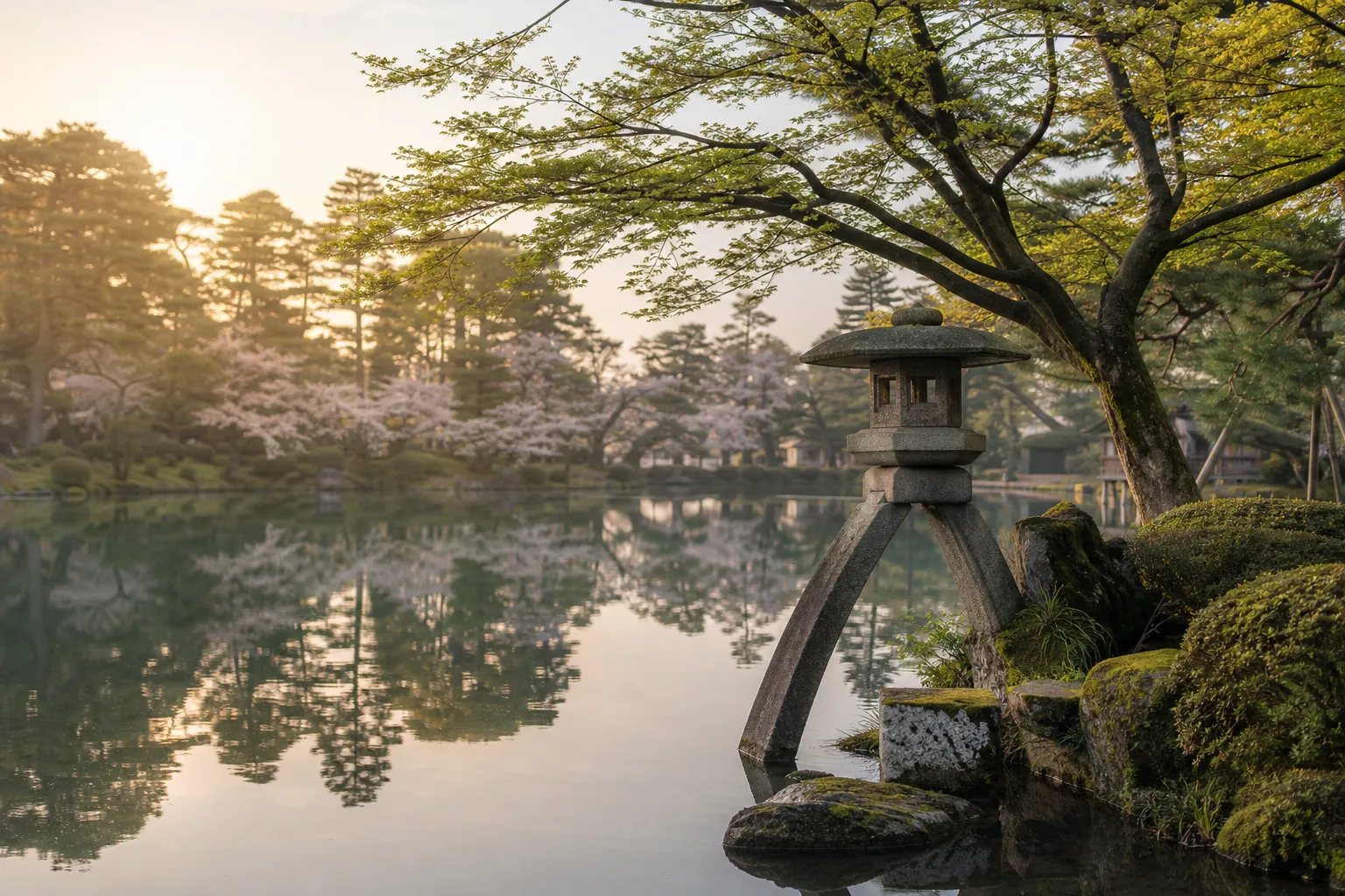 Kenrokuen garden in Kanazawa with stone lantern and spring foliage during Golden Week